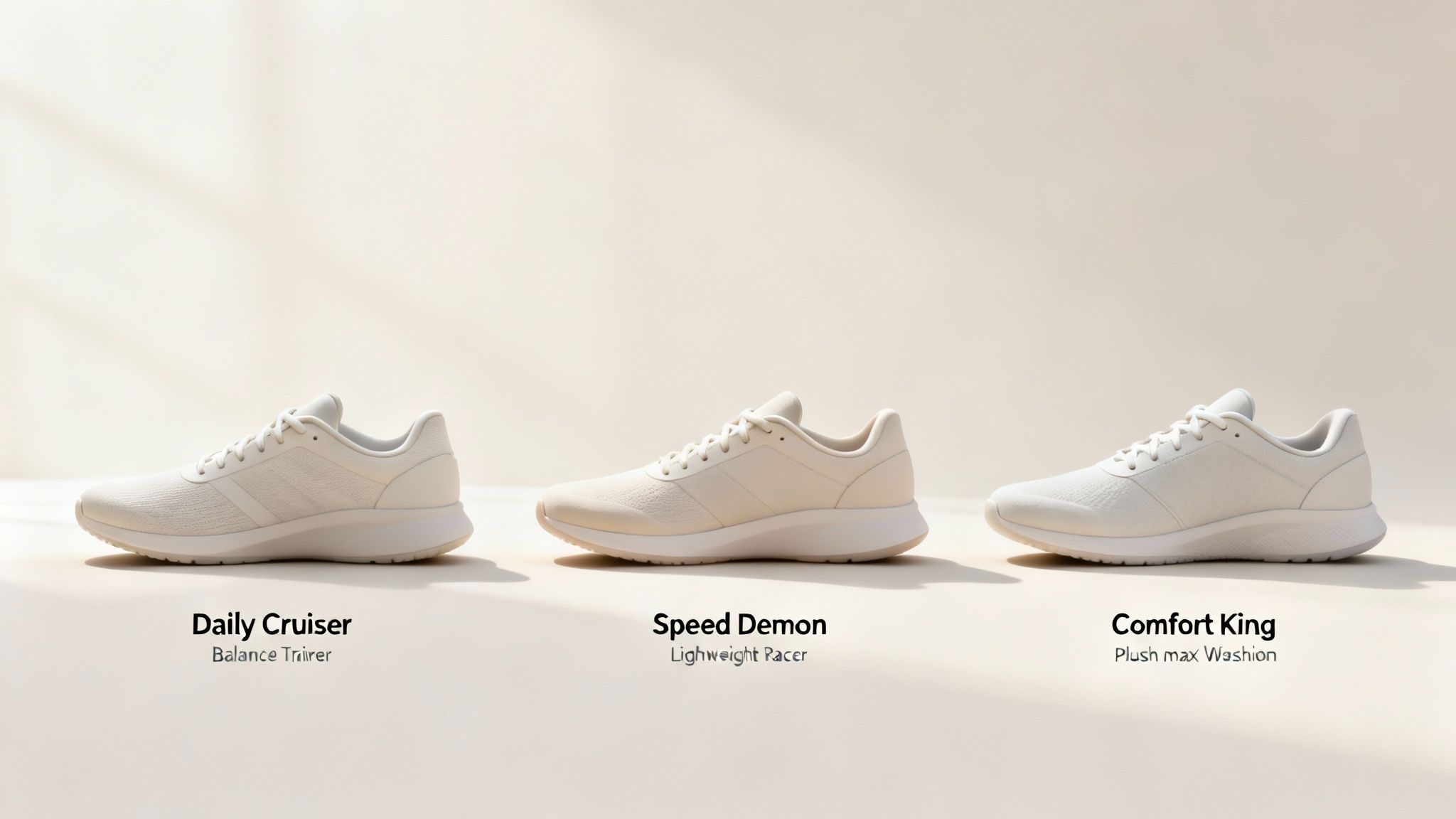 Three different neutral-colored running shoes: Daily Cruiser, Speed Demon, and Comfort King, displayed on a minimalist background.