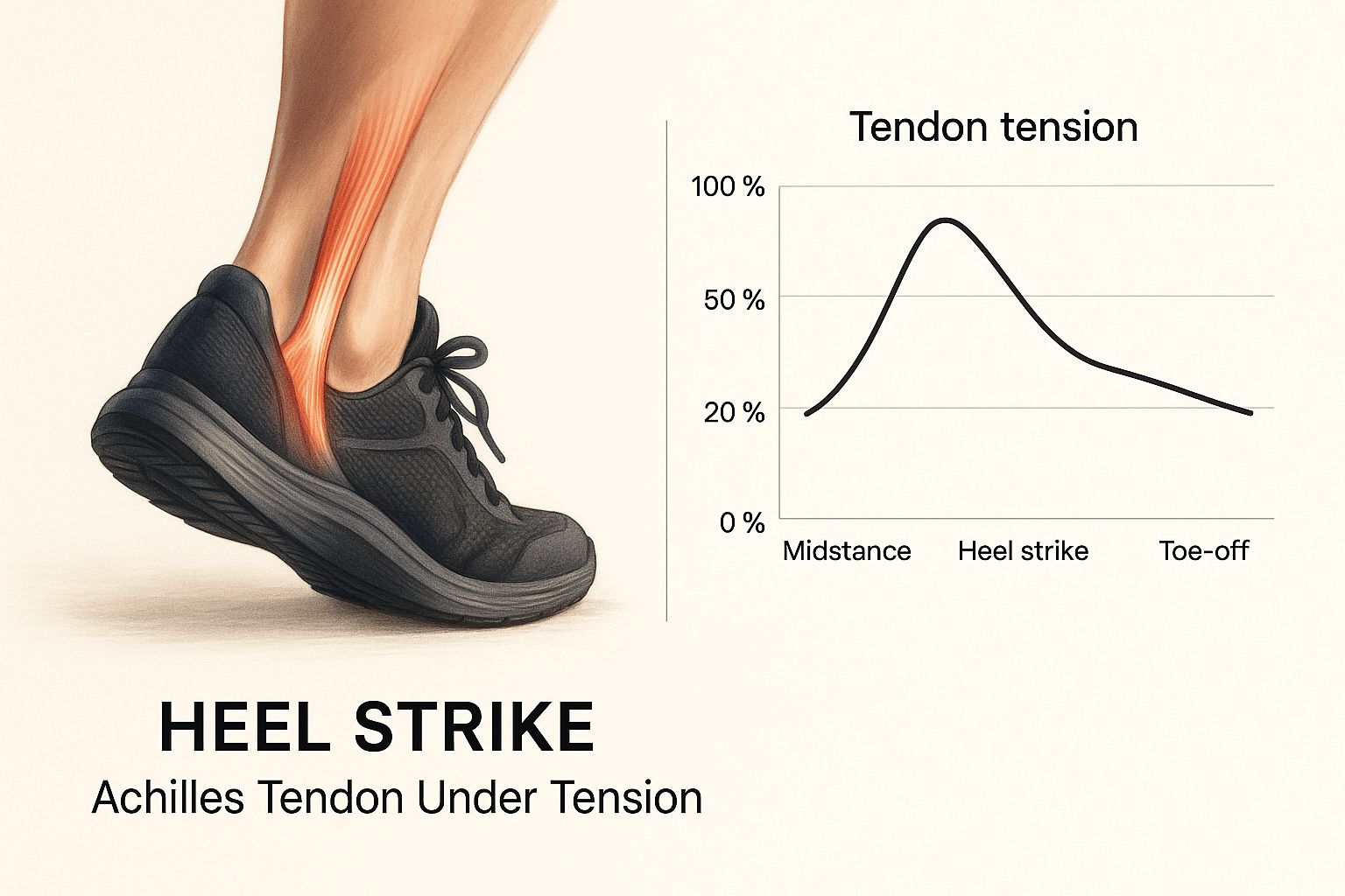 Shoe with highlighted Achilles tendon, graph shows tendon tension peaking at heel strike. Text: "HEEL STRIKE Achilles Tendon Under Tension".