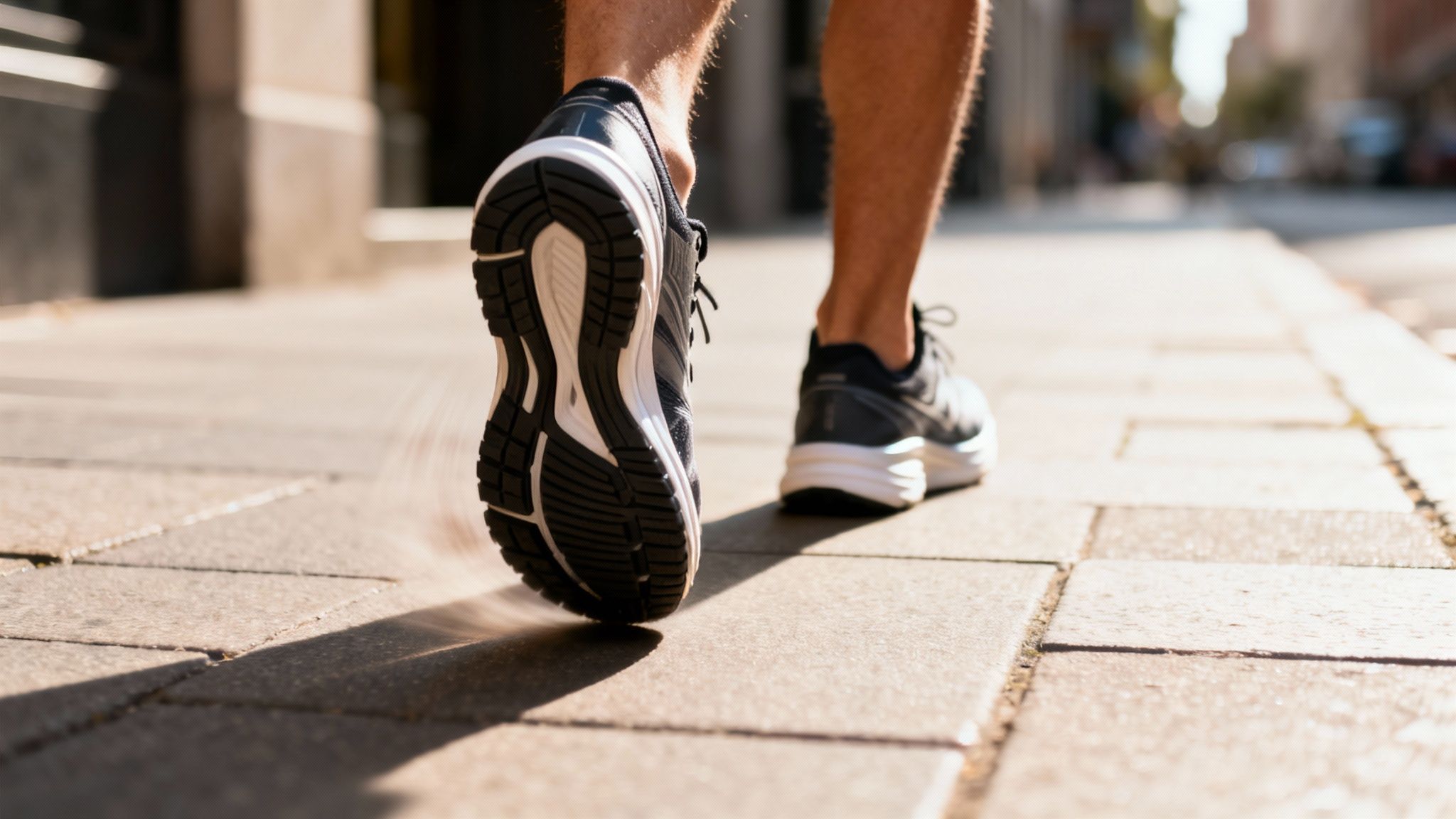 eye level of a man walking on a pavement in his running shoes during the day