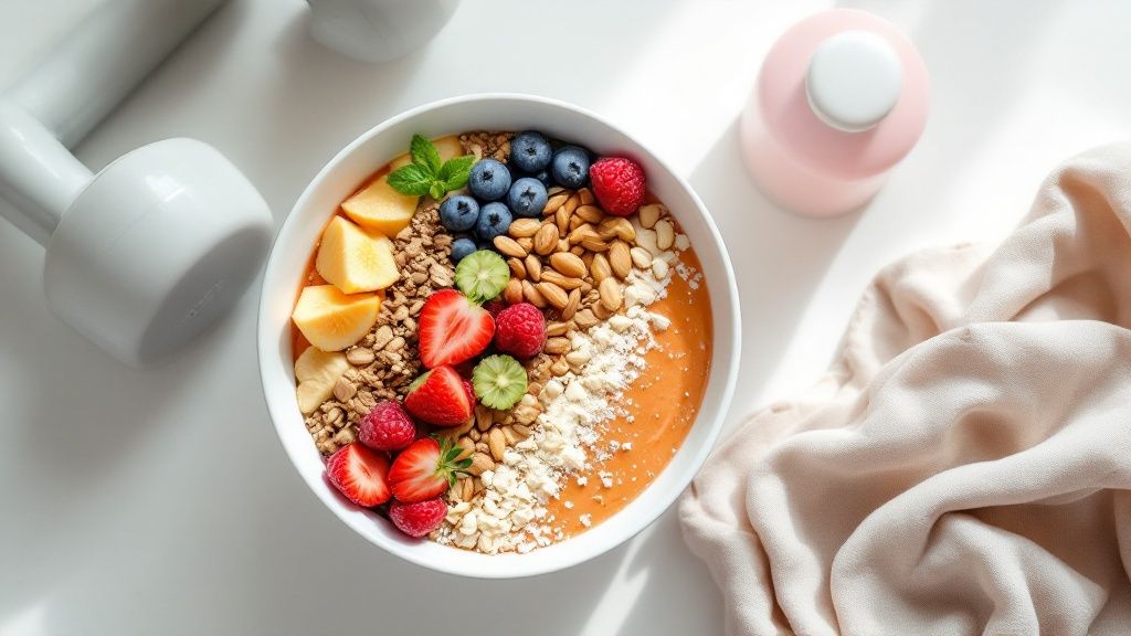 Smoothie bowl with colorful fruits and nuts on a white table. Nearby are a white dumbbell, pink bottle, and beige cloth in bright light.