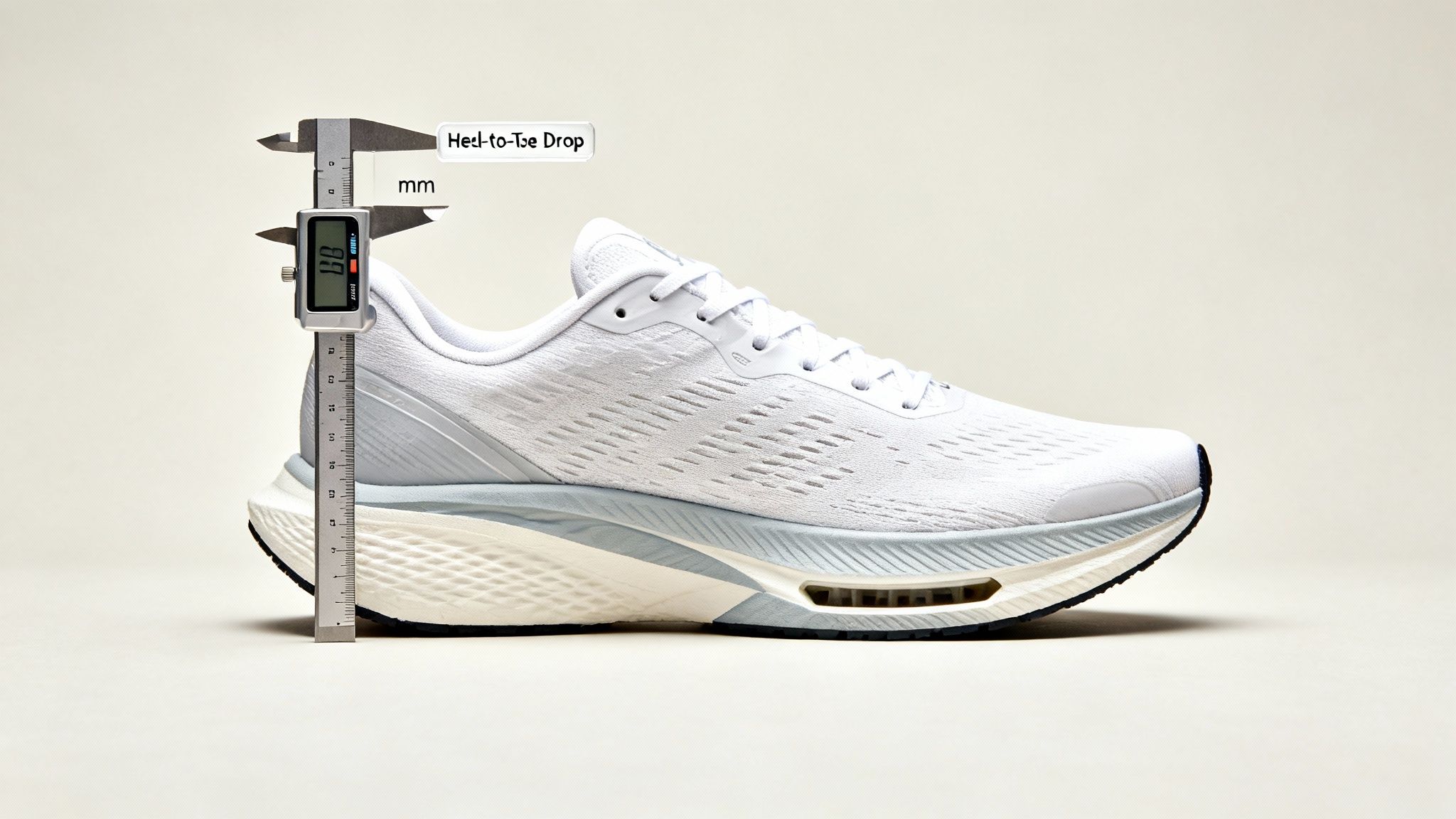 A white running shoe being measured with a digital caliper showing an 8.8mm heel-to-toe drop.