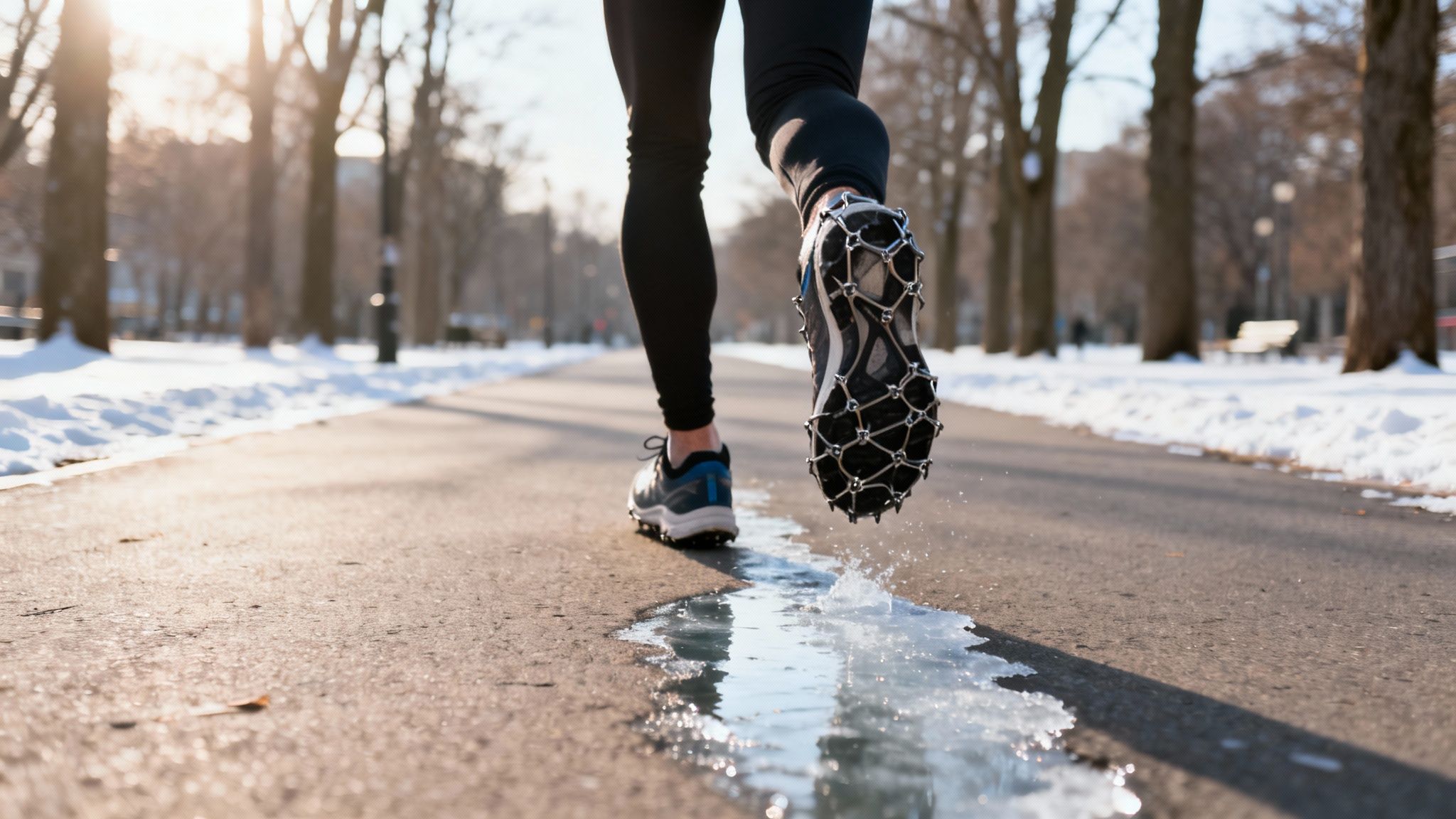 Runner on snowy park path, wearing spiked shoes for grip. Sunlight creates a warm glow, and melted ice reflects the serene winter scene.