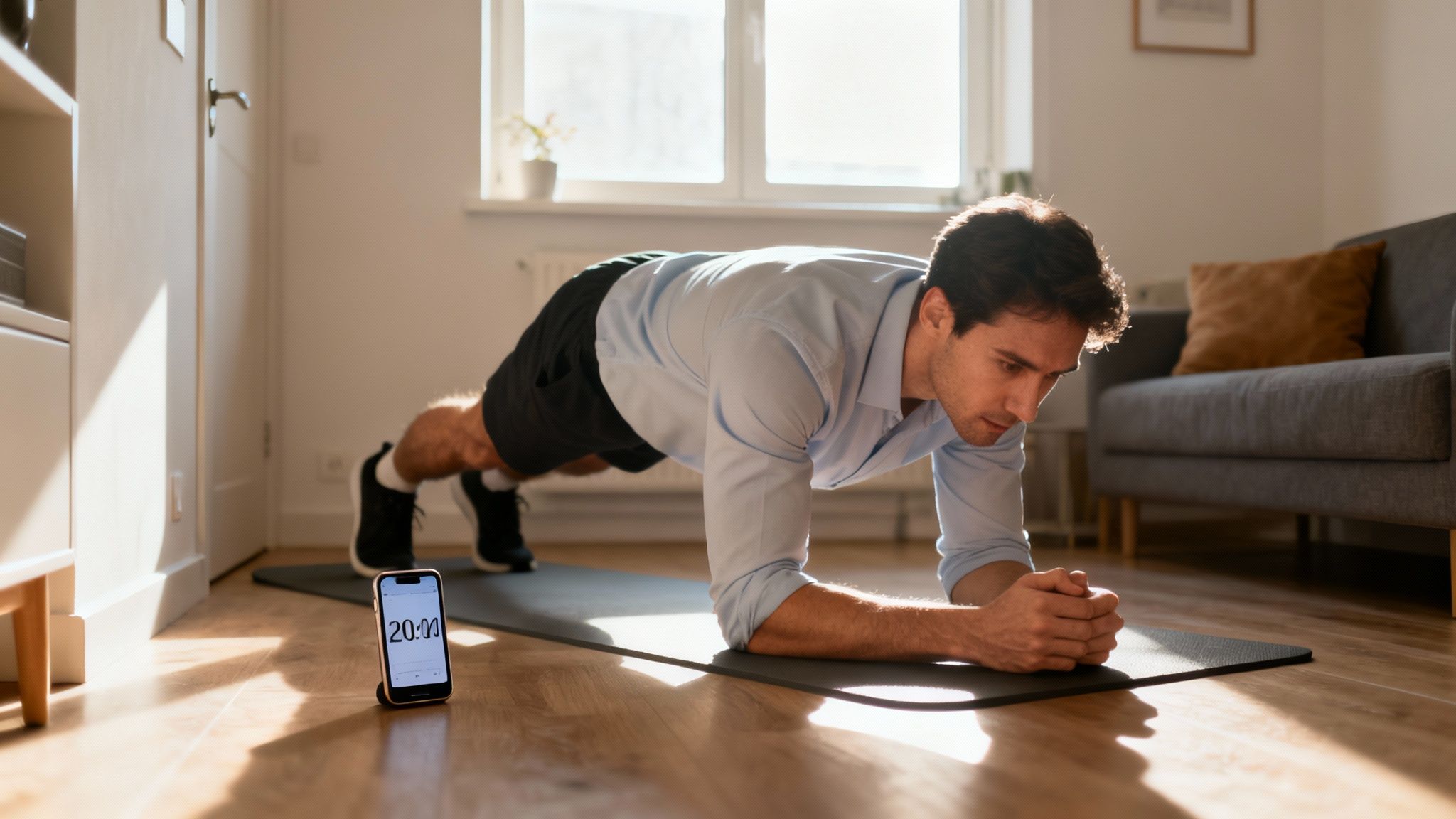 A determined man in a plank position on an exercise mat, doing a home workout with a timer.