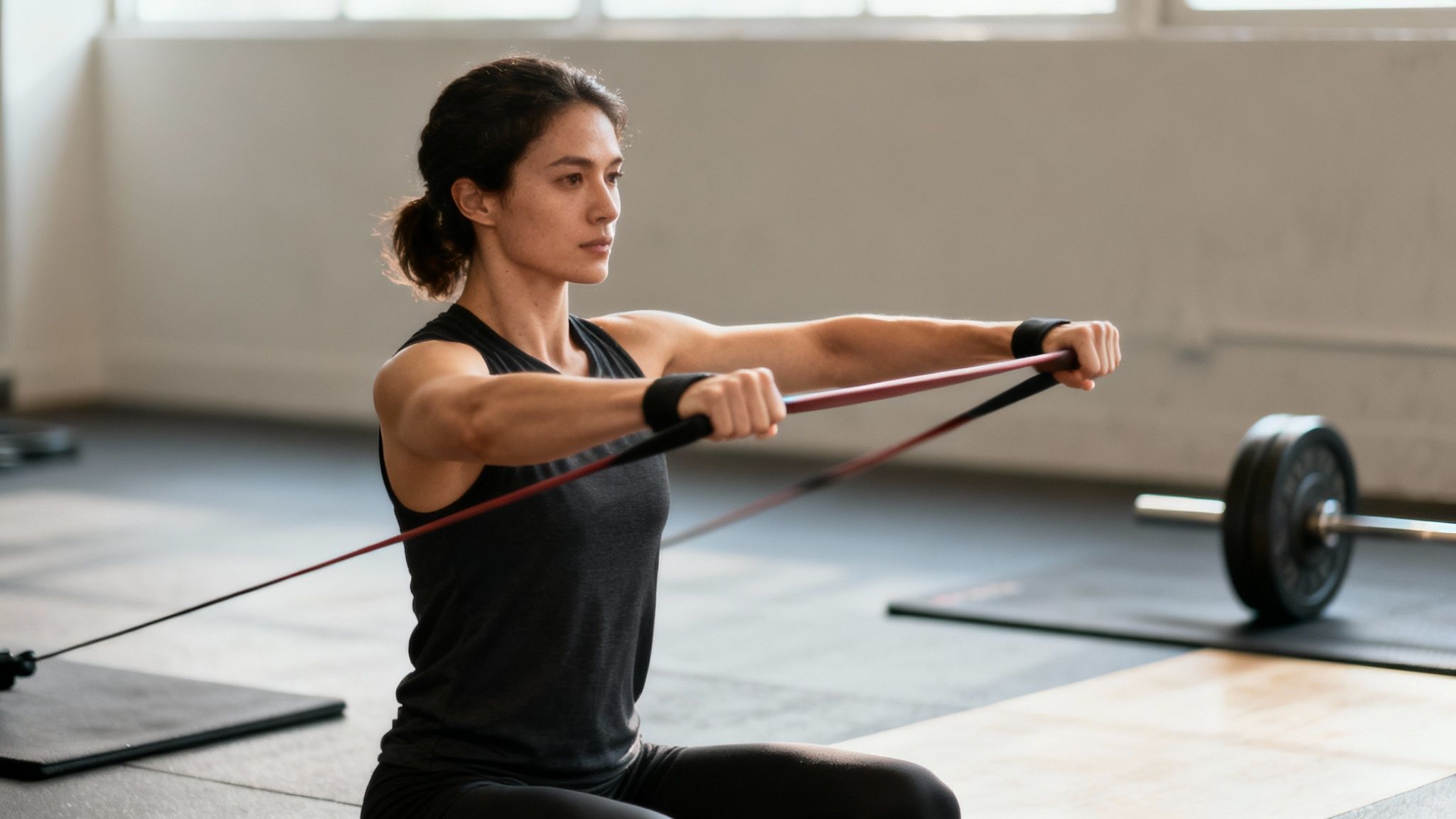 A focused woman performs a resistance band workout while seated on the floor in a gym.