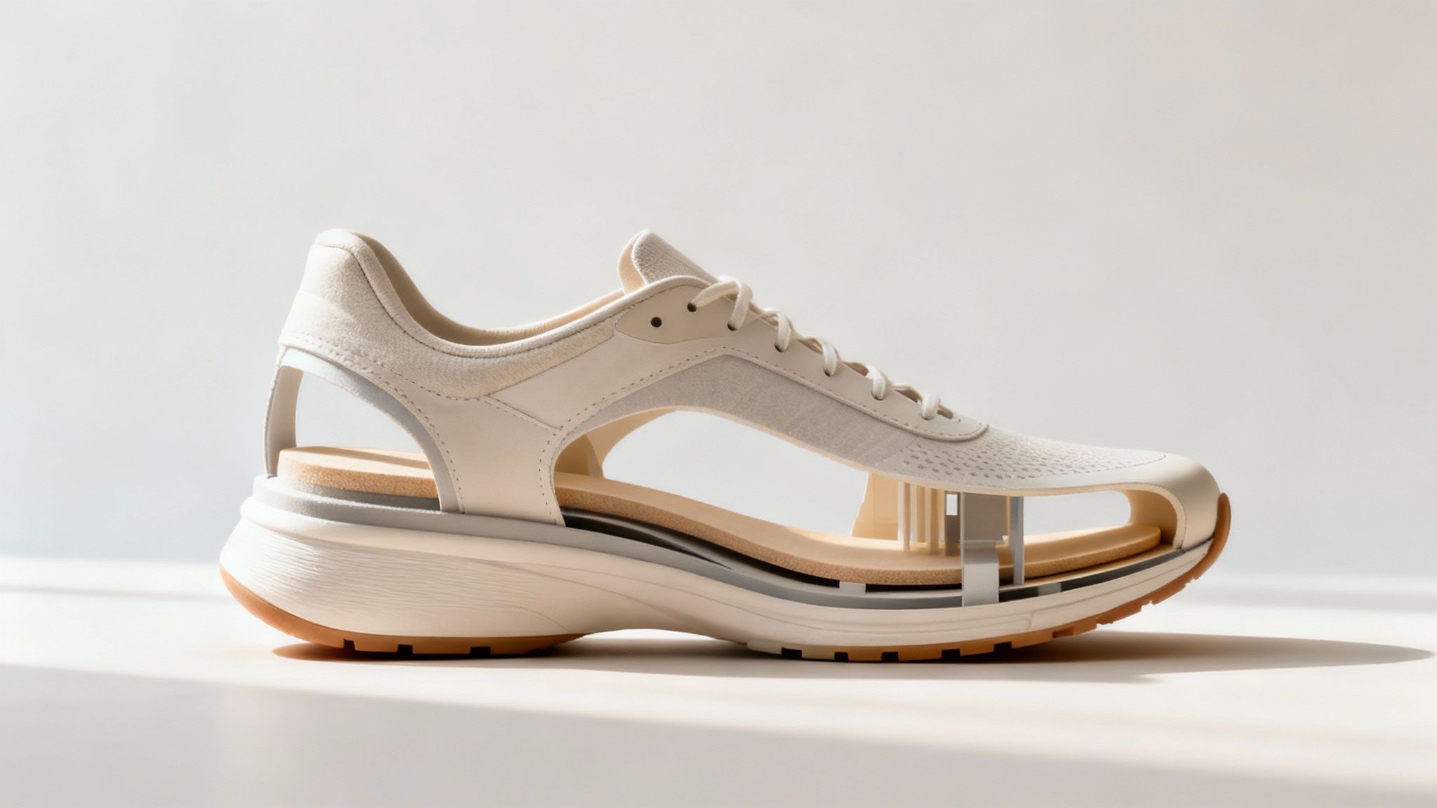 Futuristic white sneaker with cutout design, displayed on a white surface in bright light, creating a minimalist, modern aesthetic.