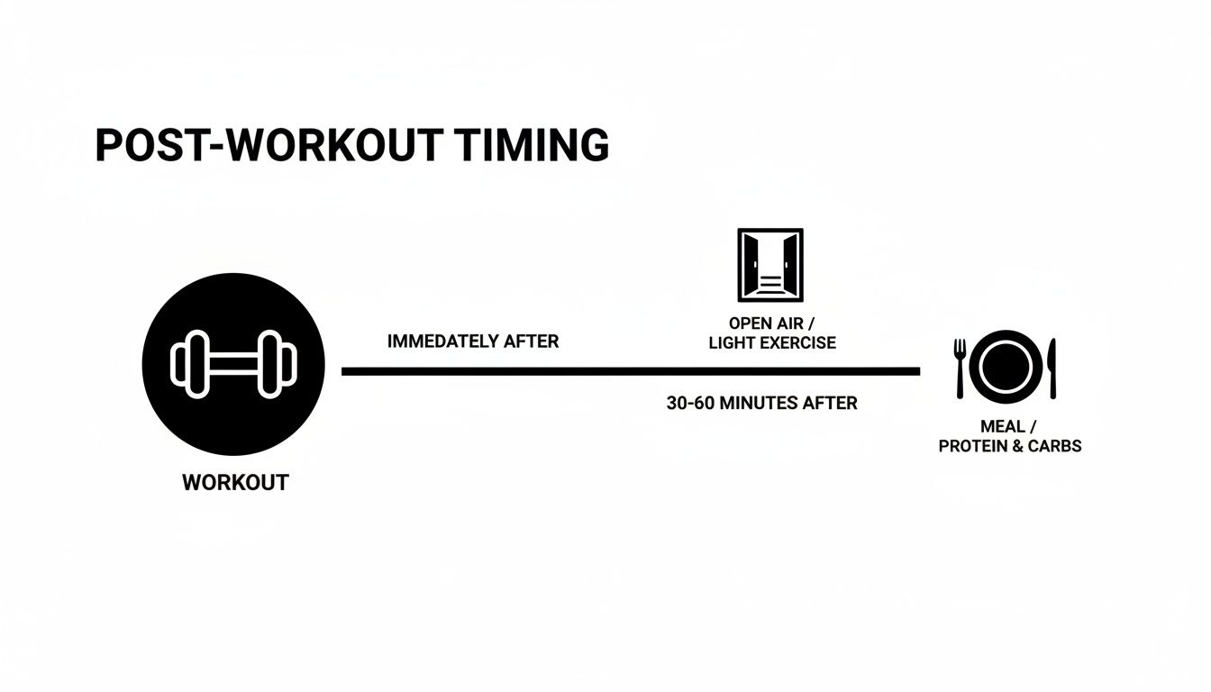 An infographic showing the ideal post-workout timing: workout, immediately followed by open air/light exercise, then 30-60 minutes later a meal with protein and carbs.