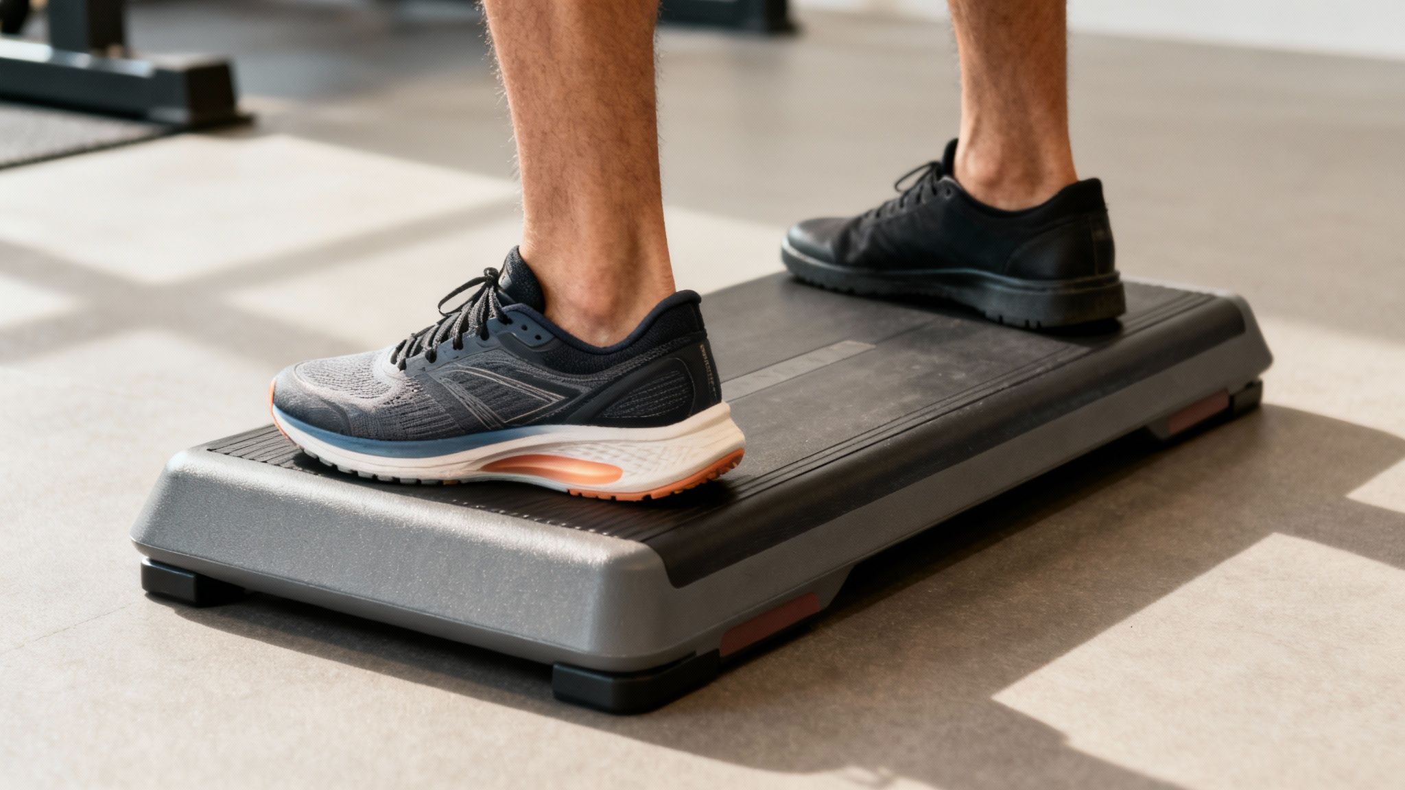 Feet in black sneakers stepping on a gray aerobics stepper, indoors with a neutral background, conveying concentration and fitness.