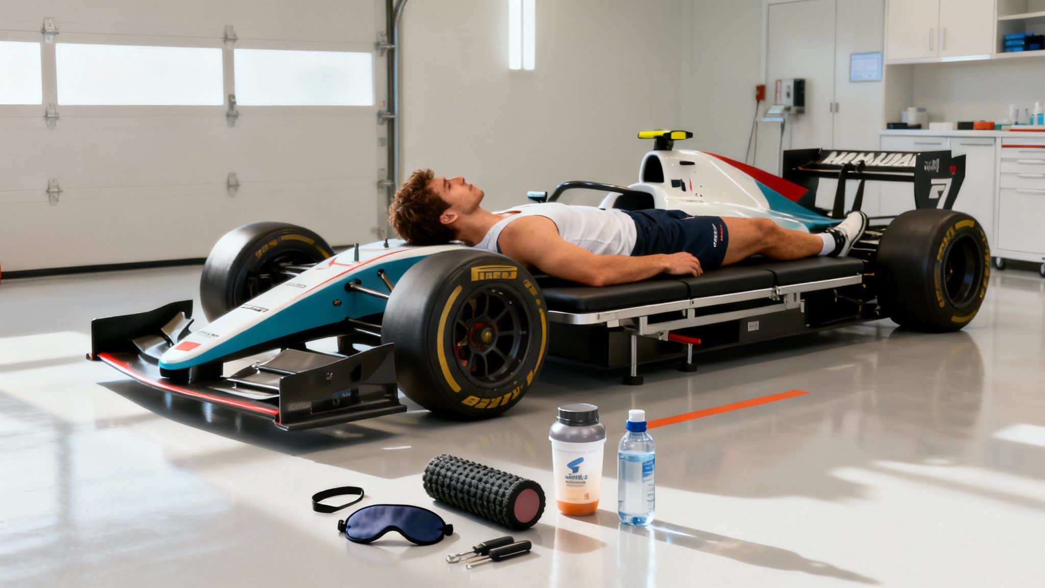 Athlete resting on a custom recovery bed built into a race car, with recovery tools nearby.