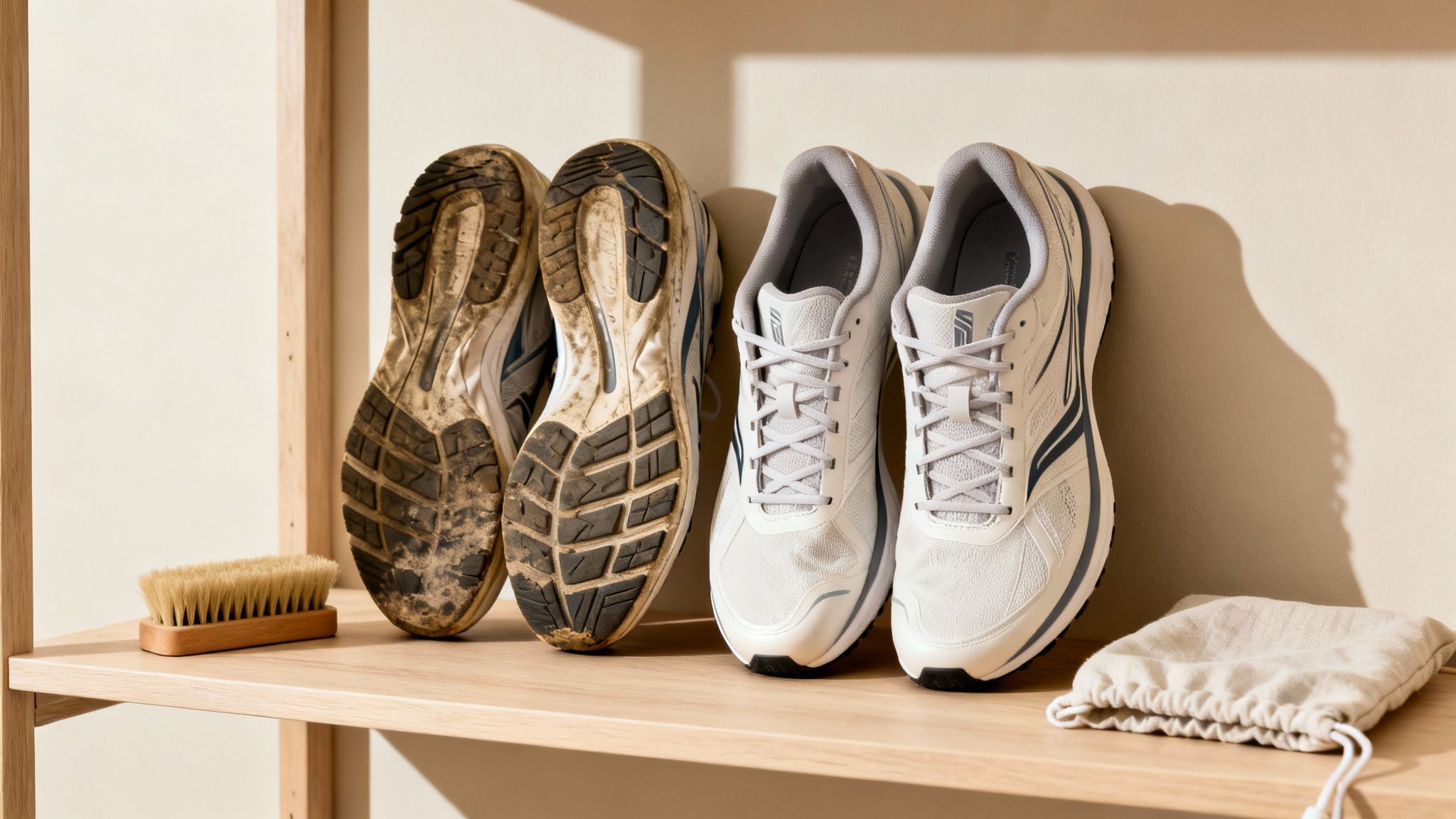 Side-by-side display of used dirty running shoes and a new clean pair on a wooden shelf.