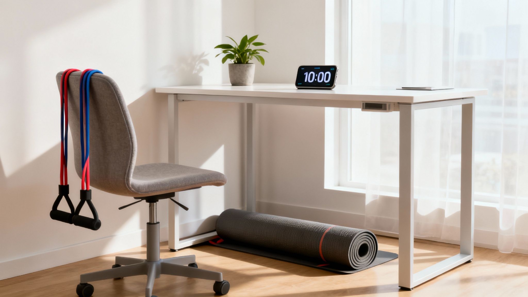 Chair with resistance bands, desk with plant and tablet showing 10:00, yoga mat on floor. Sunlit room with large window, calm mood.