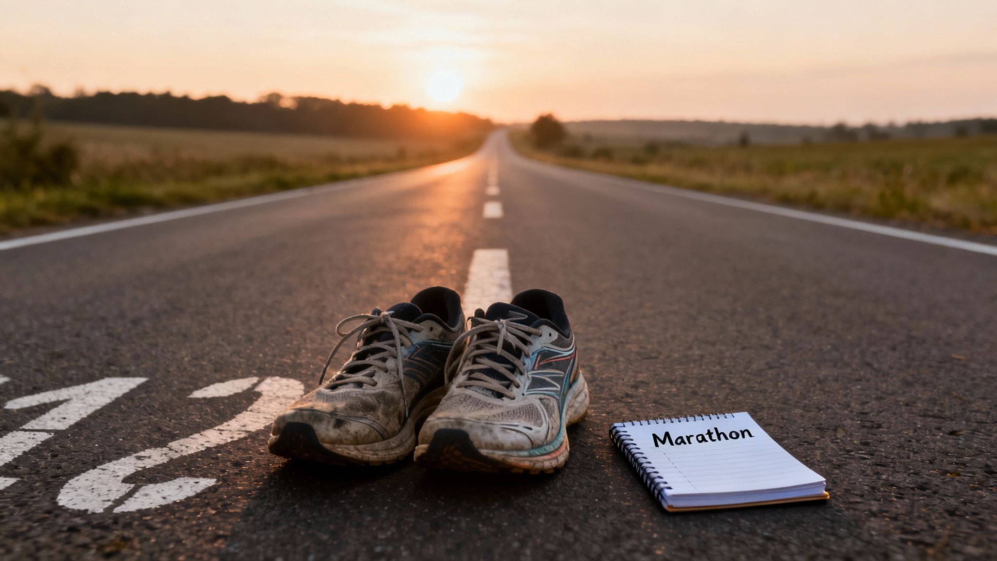 Worn running shoes and a notebook labeled "Marathon" lie on a road at sunset. The scene suggests readiness and determination.