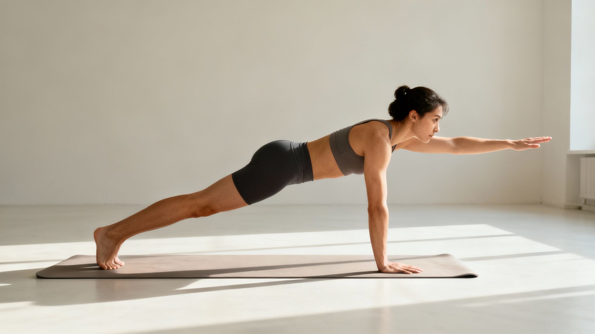 A female runner in a plank position, demonstrating core strength and stability on a yoga mat.