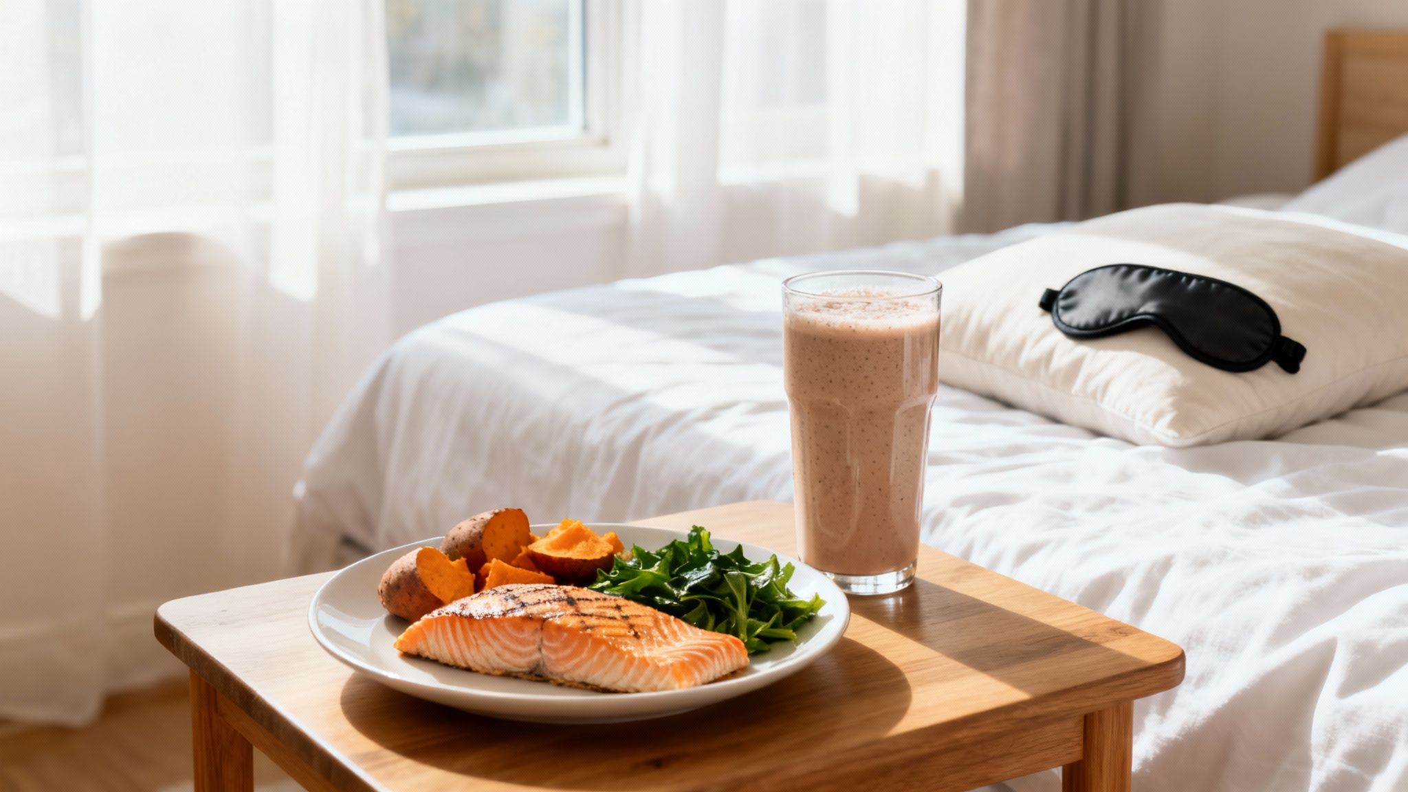 A healthy meal of grilled salmon, sweet potatoes, greens, and a smoothie on a nightstand.