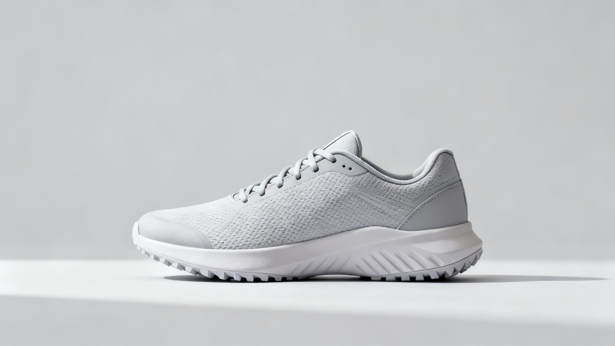 A minimalist light gray running shoe with white sole is shown on a white background.