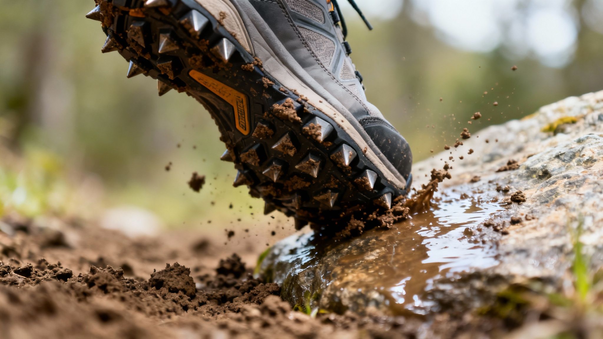 Spiked trail running shoe splashing into mud and water on a rocky path, dirt flying.