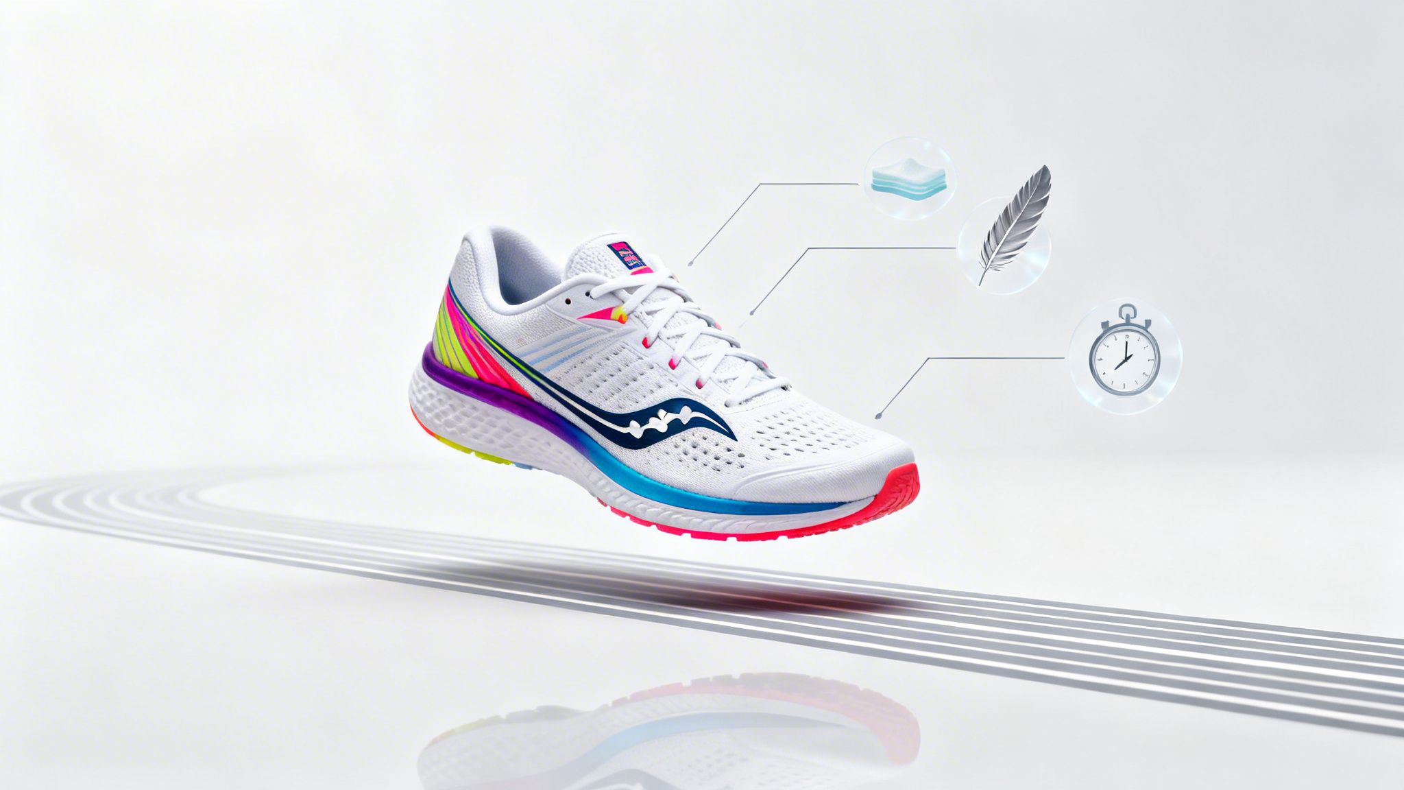 Saucony Kinvara running shoe floating of the ground being highlighted by three items consisting of a feather, stop watch, and a cushion