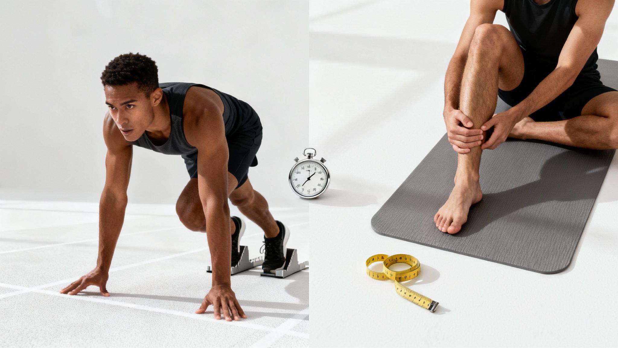Two people, one doing a dynamic stretch and the other a static stretch, shown side-by-side for comparison.