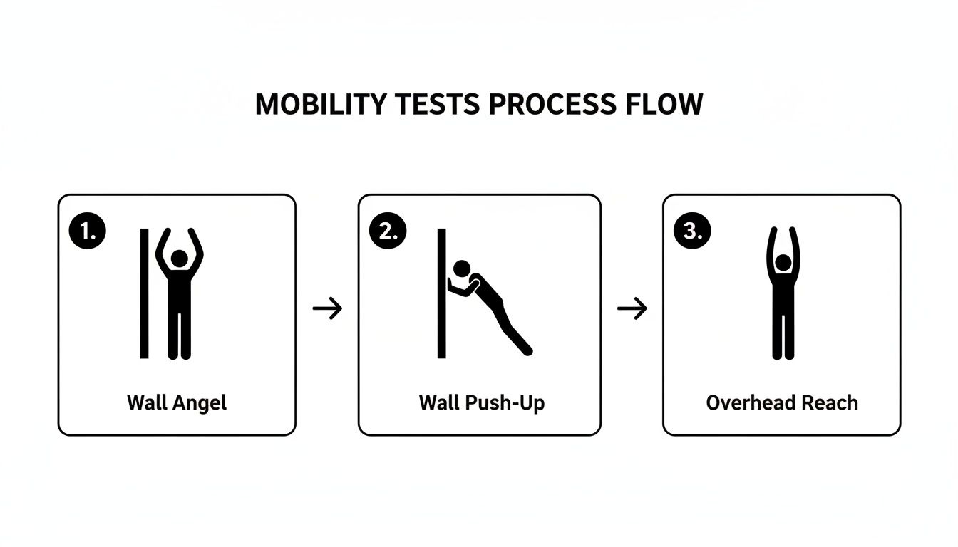 Flowchart showing three mobility tests: Wall Angel, Wall Push-Up, and Overhead Reach.