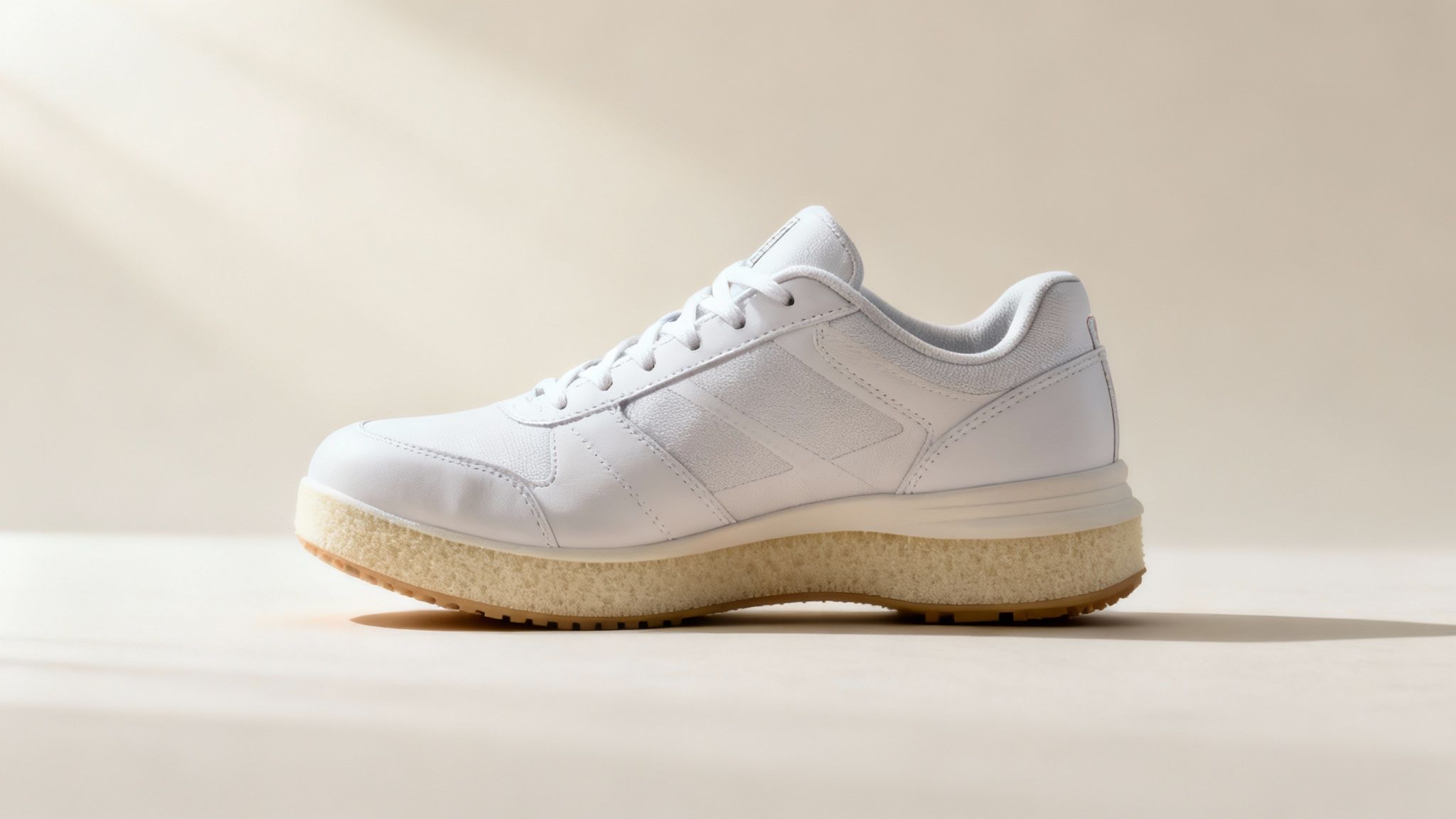 A single white sneaker with a light brown textured sole on a light beige background.