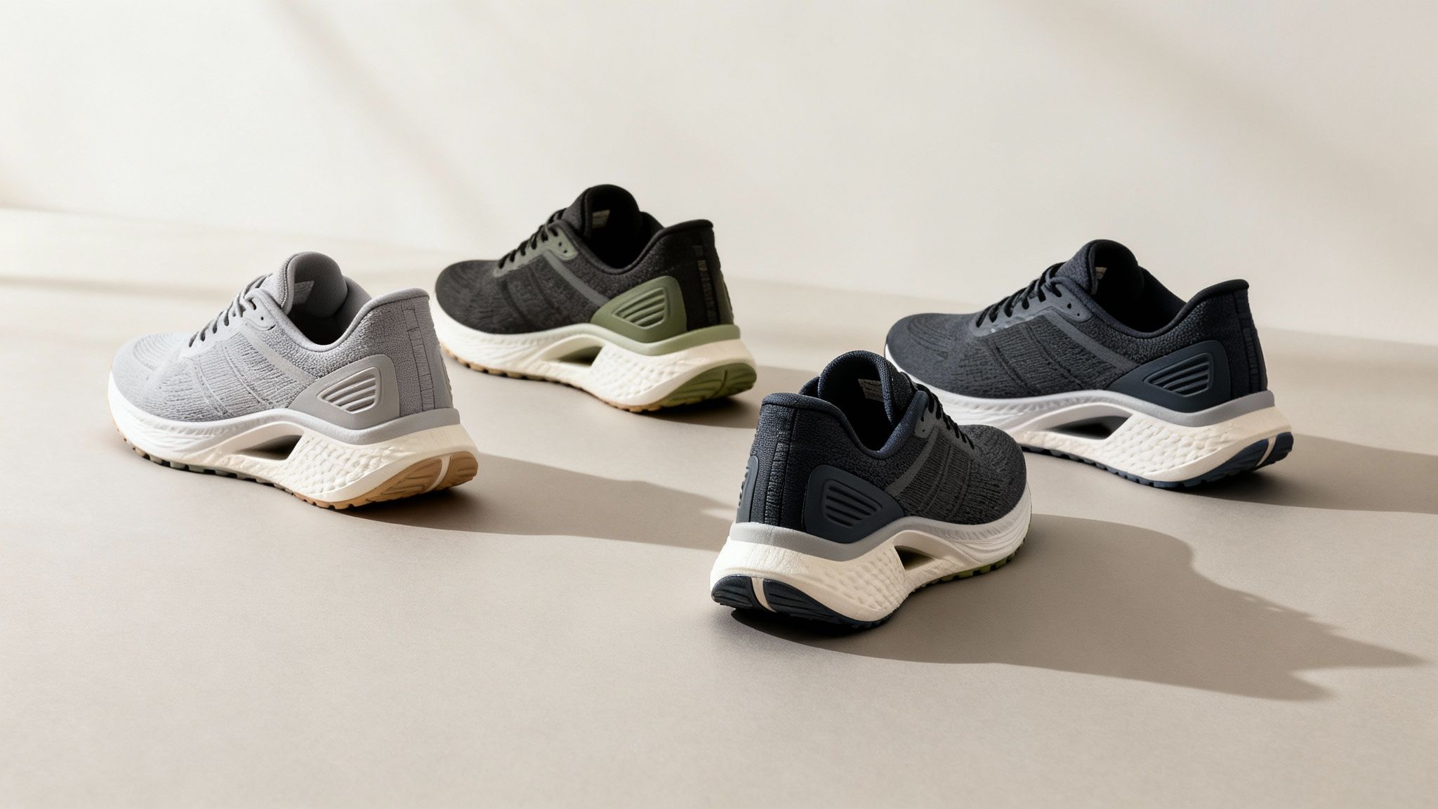 Stylish men's running shoes in various colors, including grey, black, and navy, on a light surface.