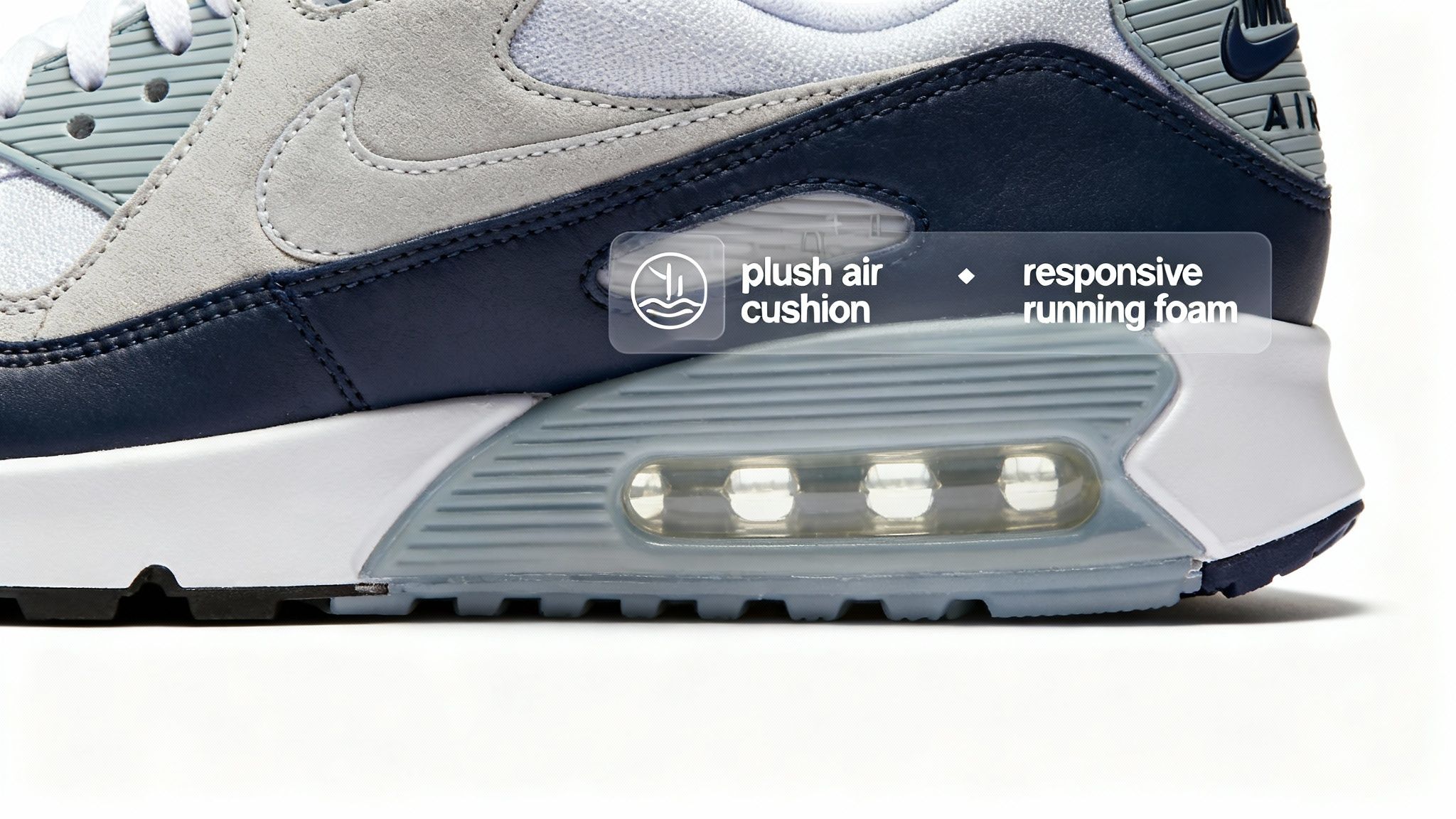 Close-up of Nike Air Max shoe heel, highlighting plush air cushion and responsive running foam technology.