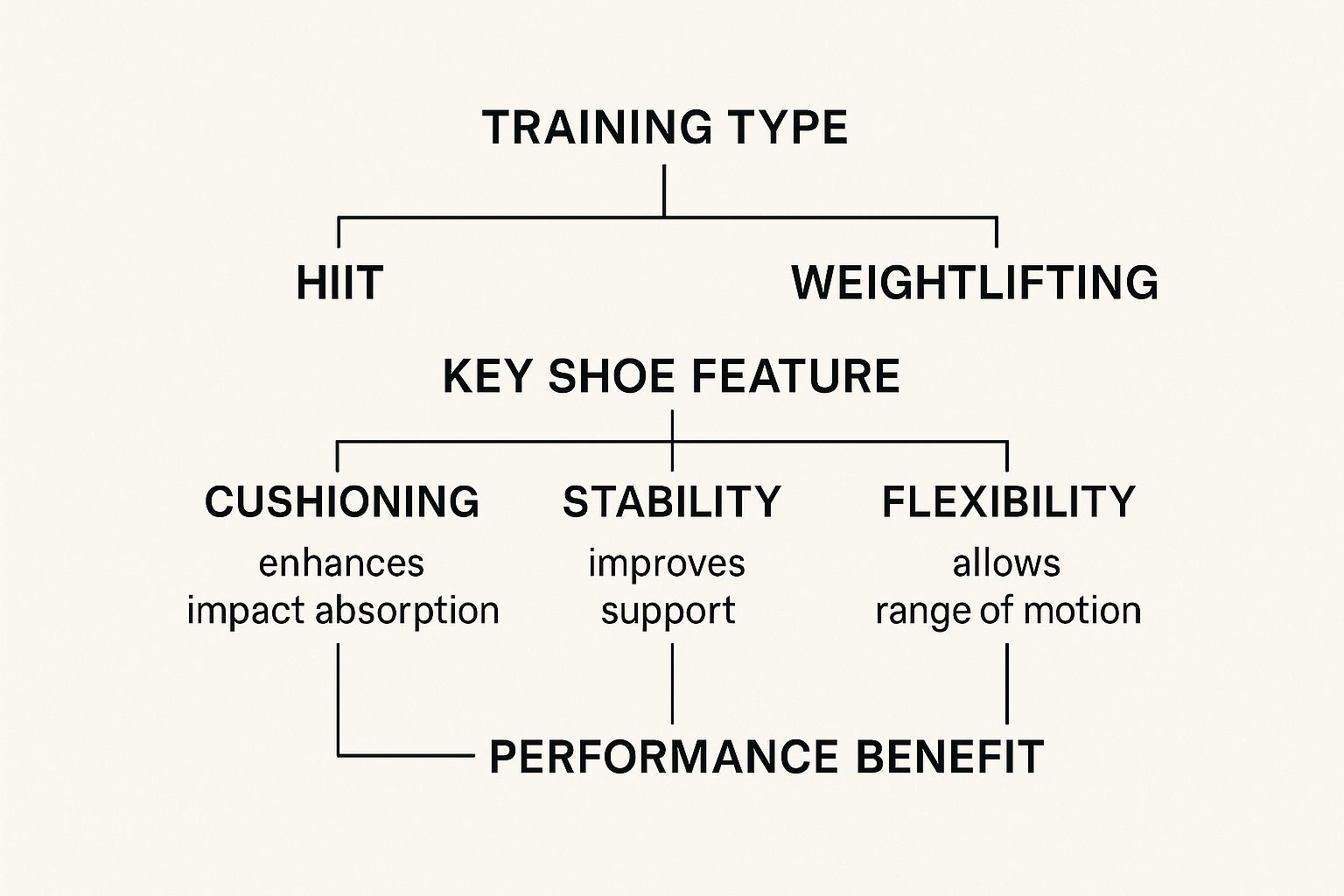 Flowchart showing training types: HIIT, Weightlifting. Key shoe features: Cushioning, Stability, Flexibility. Performance benefit emphasized.
