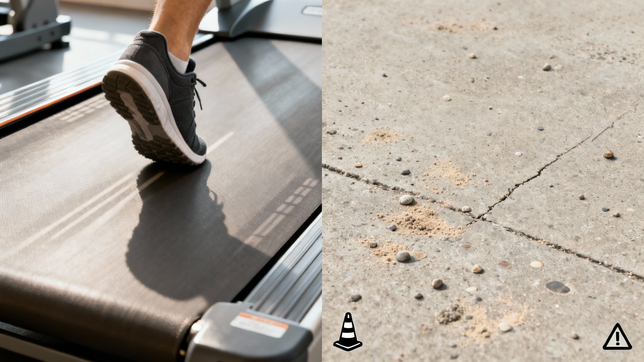 A split image contrasting a person running on a treadmill with a cracked outdoor path.