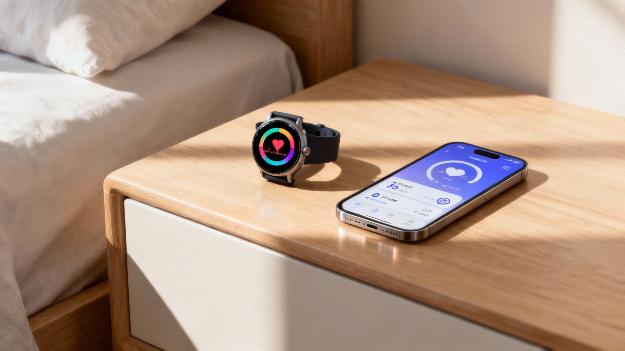 Smartwatch with heart icon and smartphone showing health app on a wooden nightstand. Soft sunlight creates a calm ambiance.