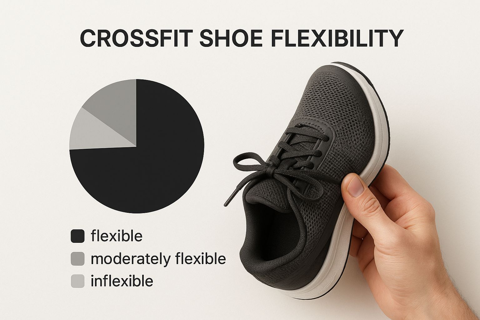 Hand holding a black shoe next to a pie chart labeled "CROSSFIT SHOE FLEXIBILITY." Chart segments: flexible, moderately flexible, inflexible.