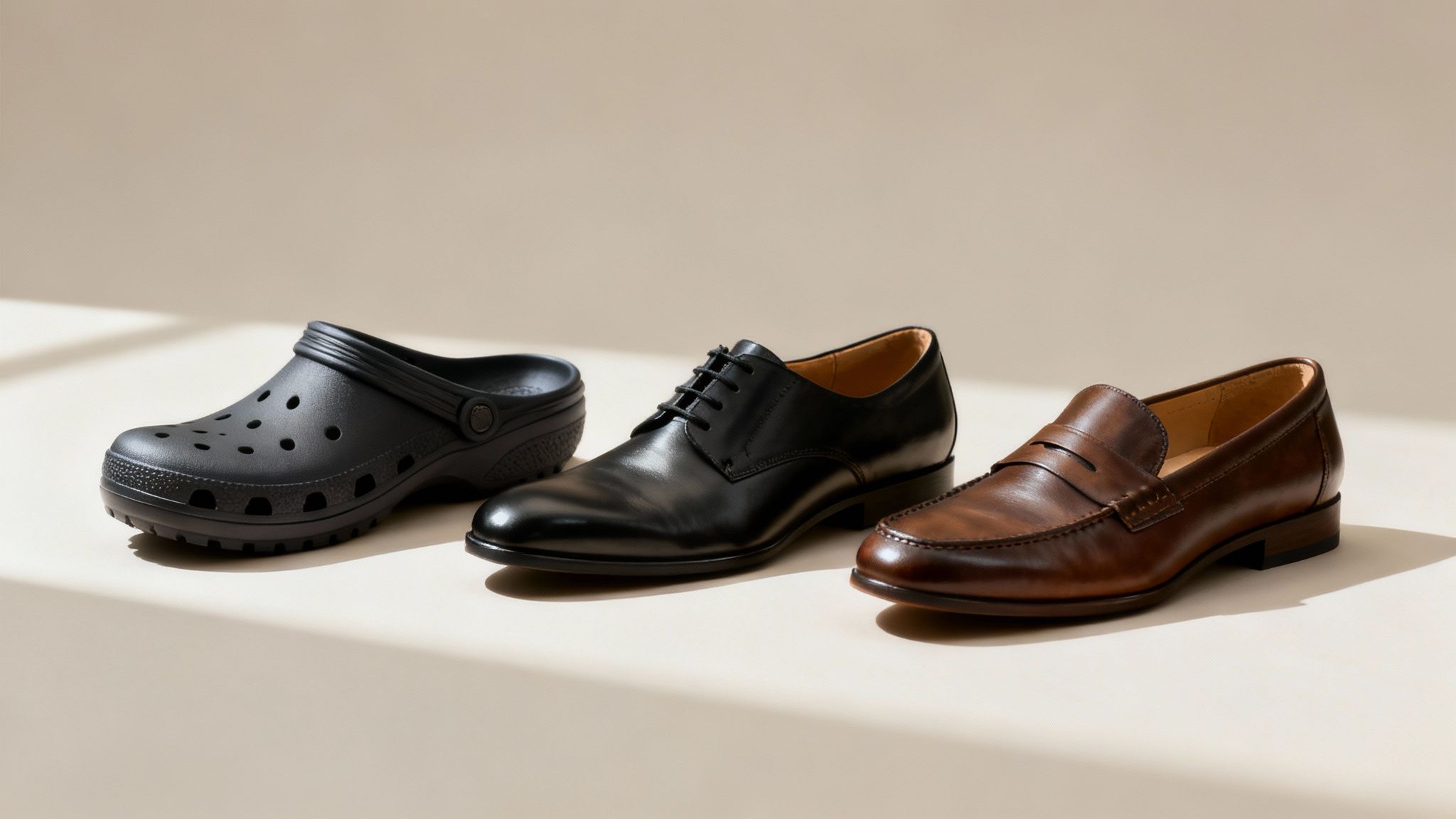 Three shoes on a beige background: black Croc, black lace-up dress shoe, brown loafer. Sunlight casts shadows, creating a calm mood.