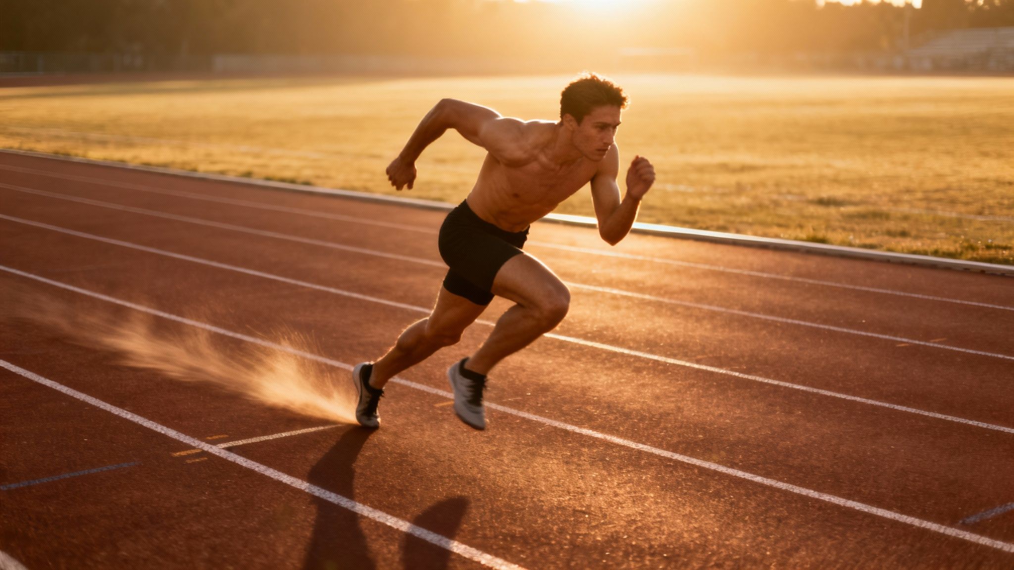 A focused, shirtless male athlete intensely sprints on an outdoor track during golden hour, kicking up dust.