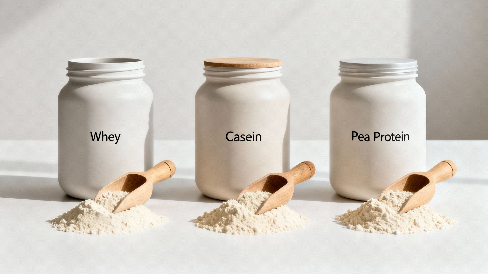 Three jars of protein powder, whey, casein, and pea protein, with scoops and powder piles on a white surface.