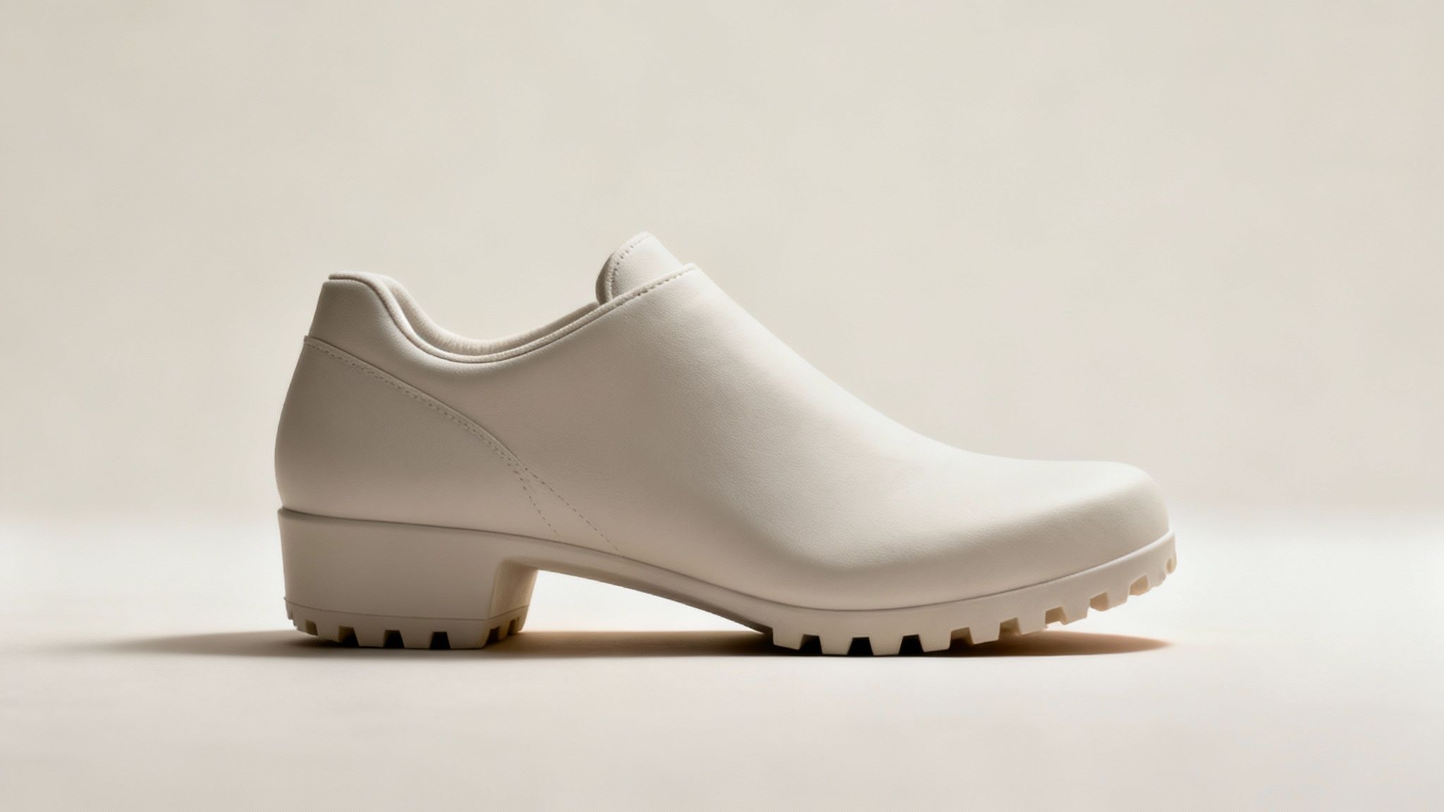 A single light beige slip-on shoe with a chunky sole and heel on a light background.