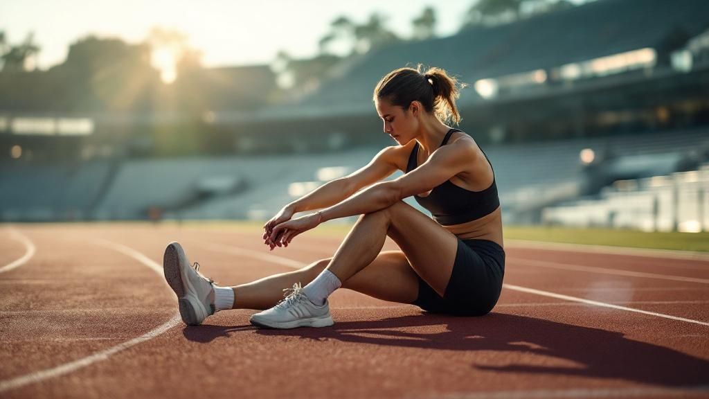 Woman in sportswear sitting on track, resting with head down. Stadium background, sunlight creating a calm mood.