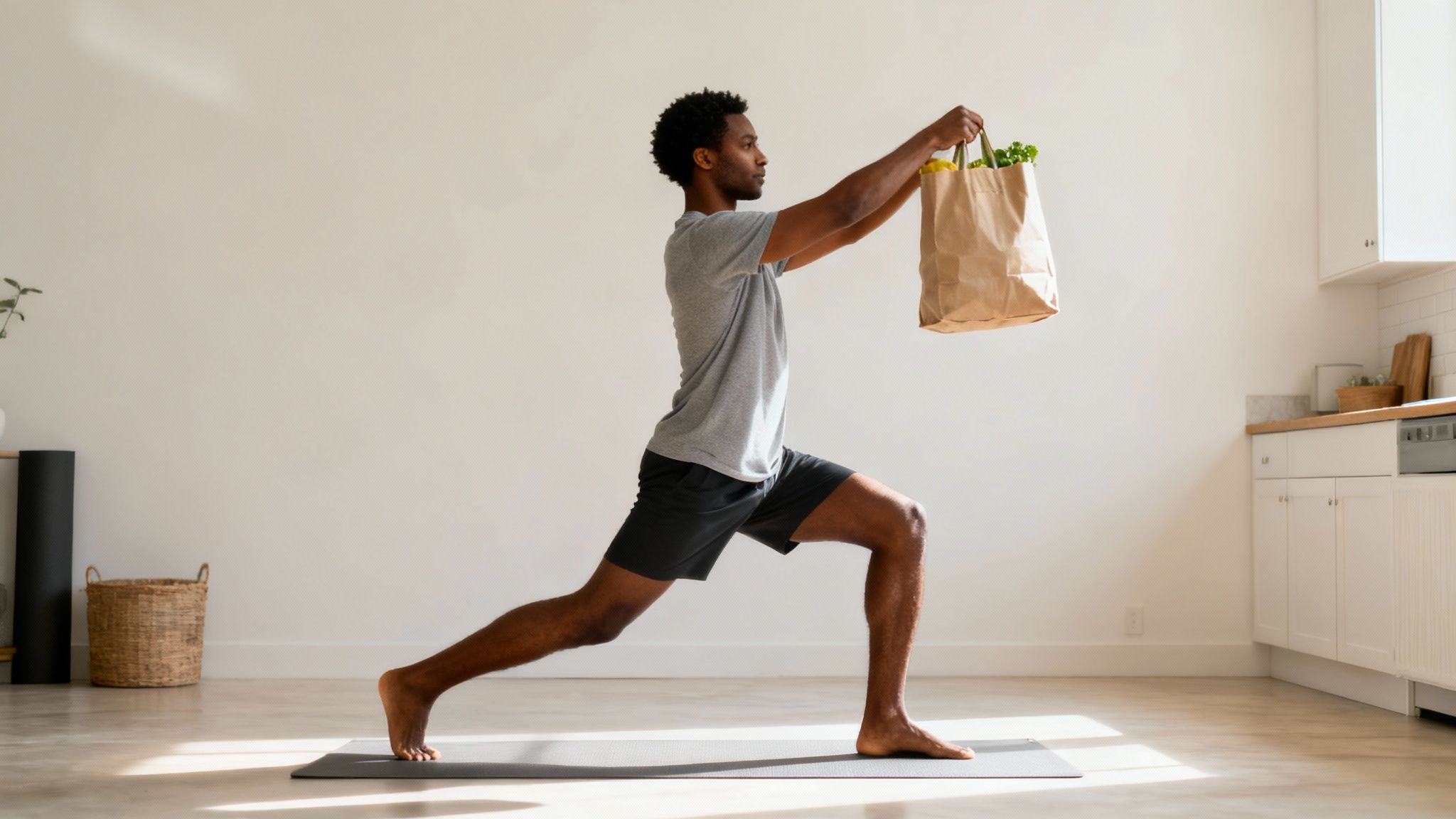 Man in a lunge position holds a grocery bag, doing a functional fitness workout at home.