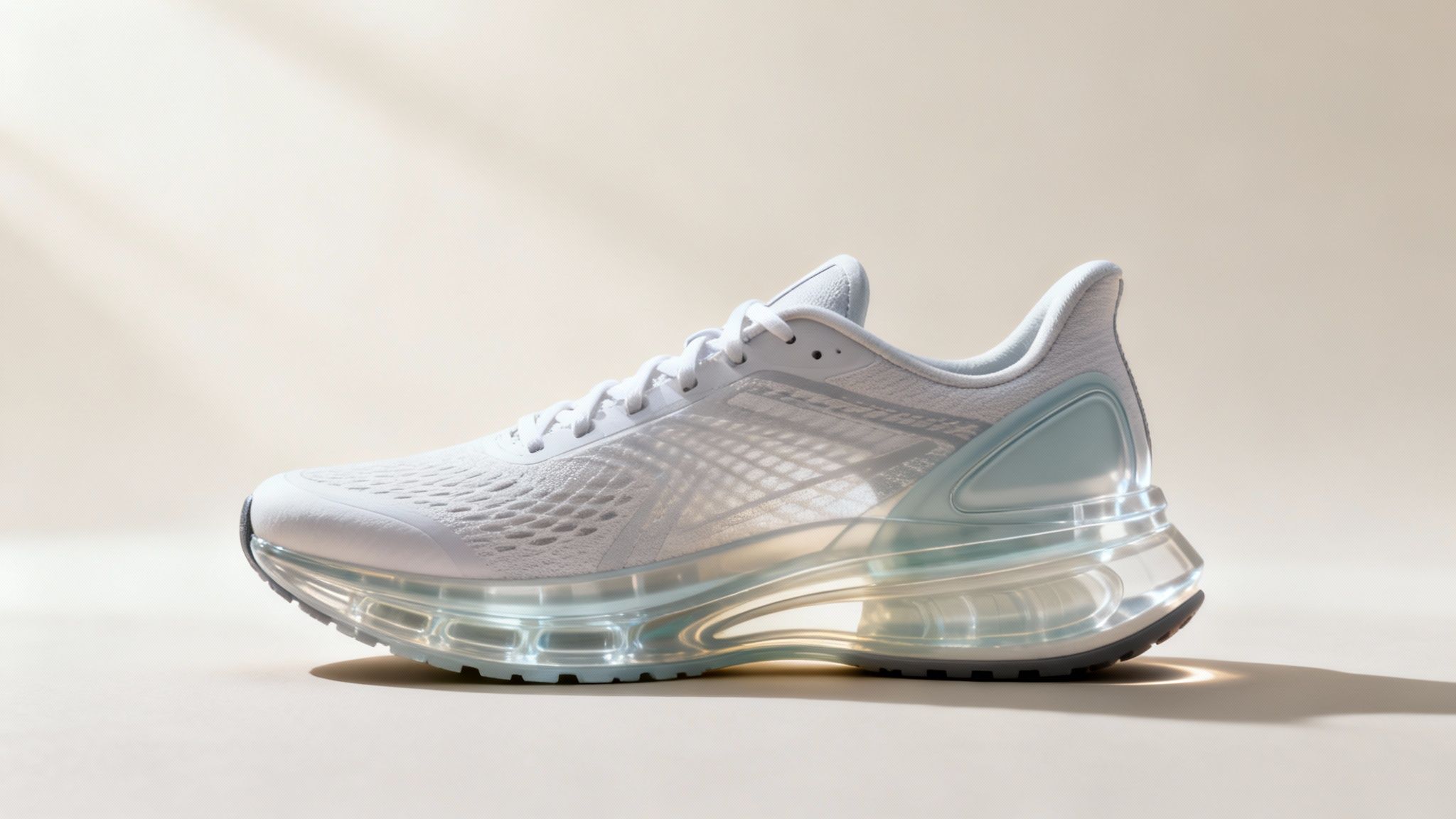 A sleek white and light blue running shoe with a transparent sole on a light background, side view.