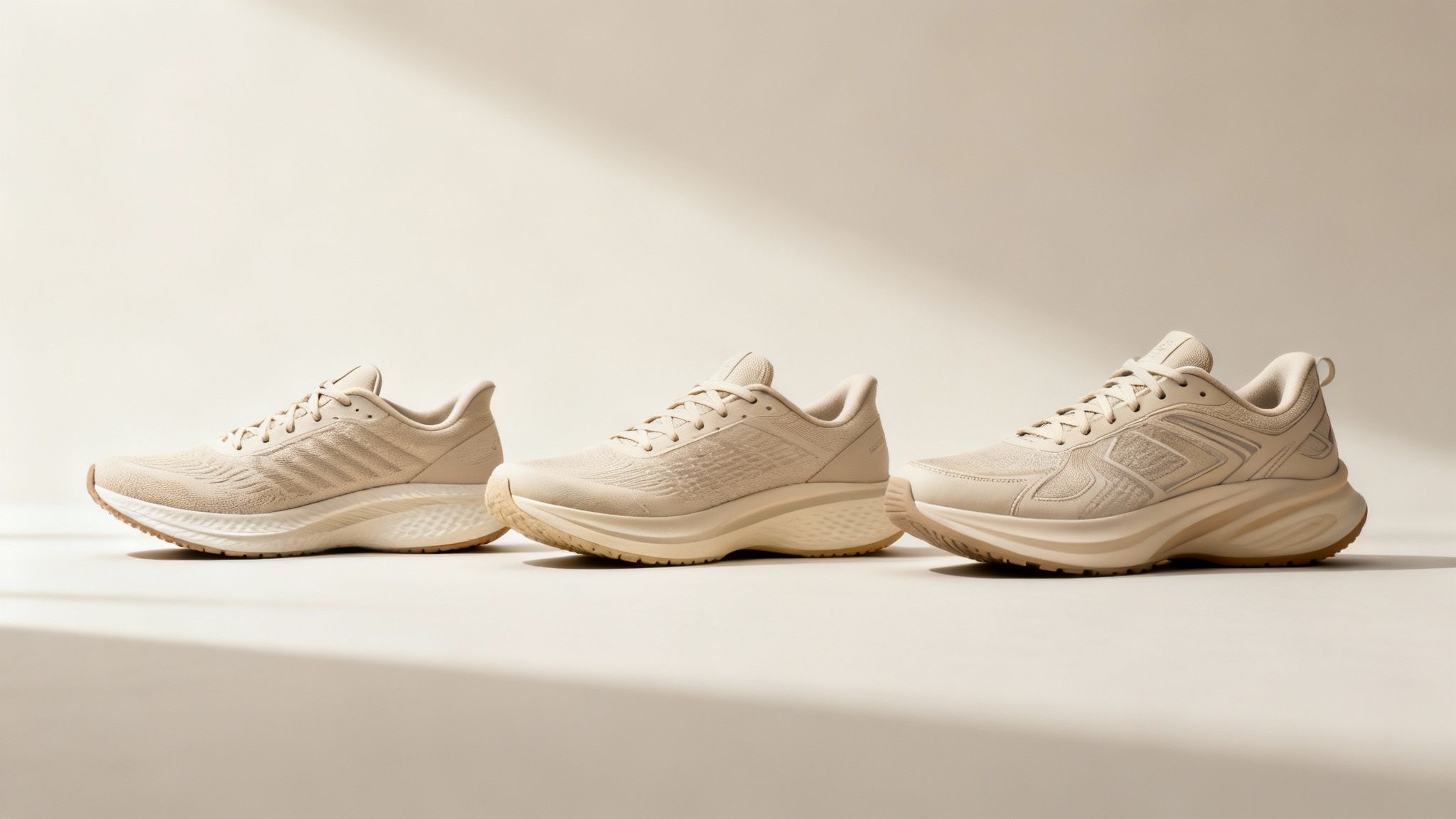 Three pairs of light beige athletic shoes, suitable for supination, displayed on a clean background.