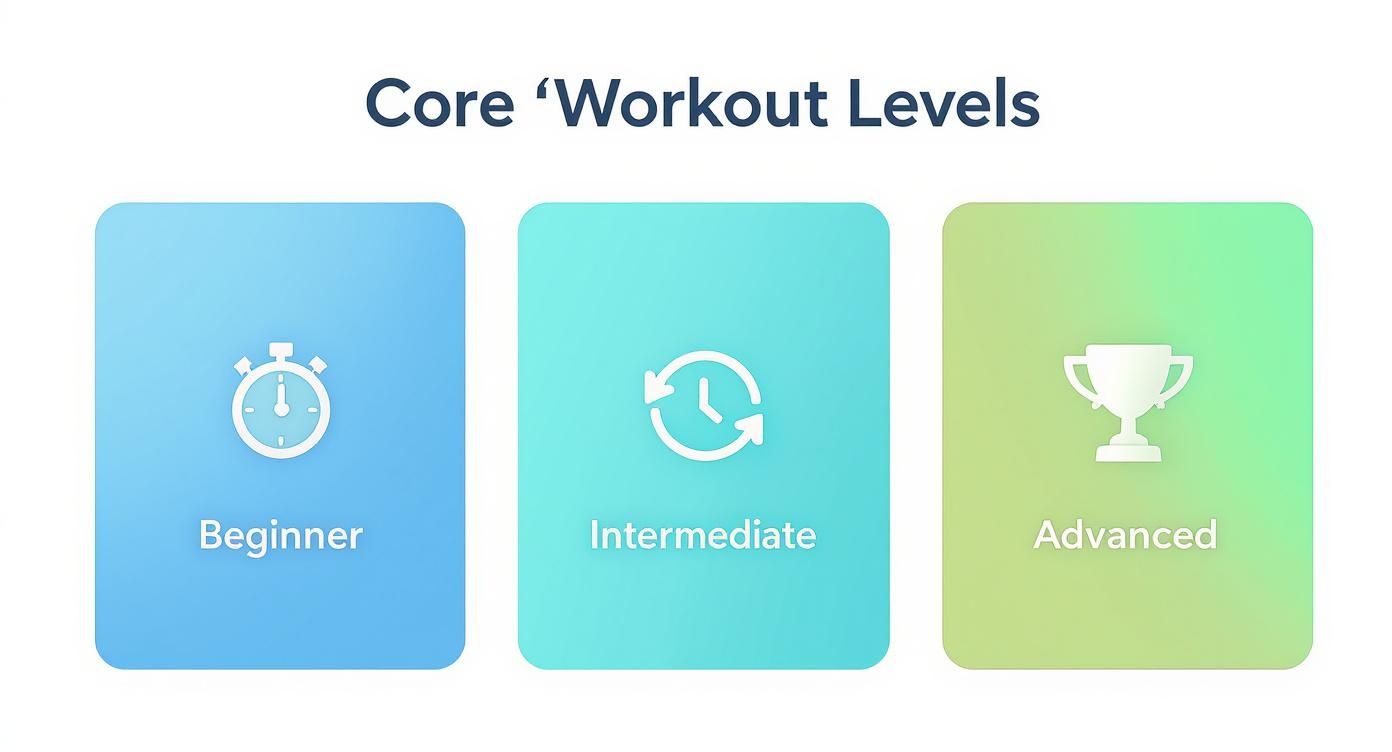 Infographic summarizing core workout levels for runners, showing icons for Beginner, Intermediate, and Advanced training.