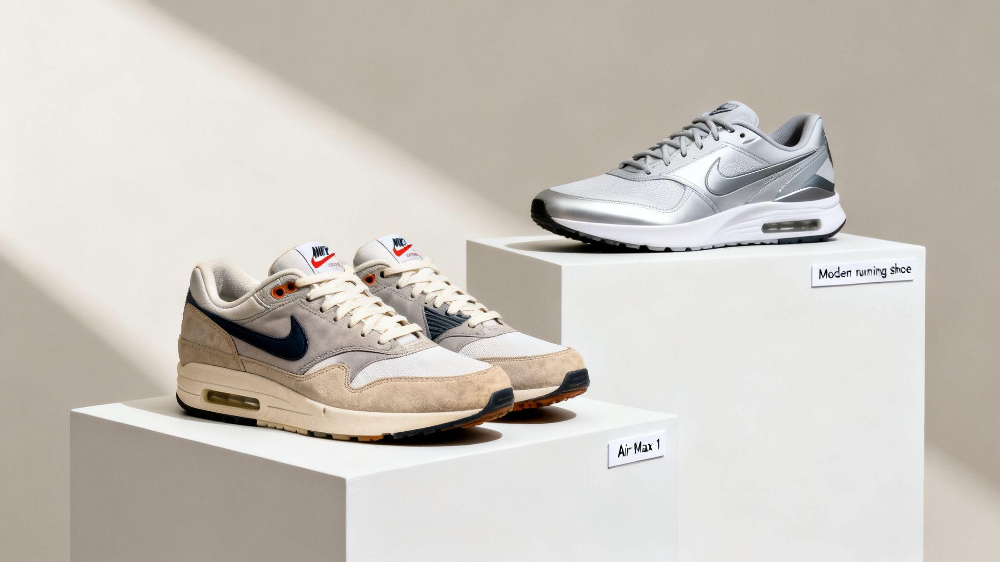 Two pairs of Nike sneakers, Air Max 1 and a modern silver running shoe, displayed on white pedestals.