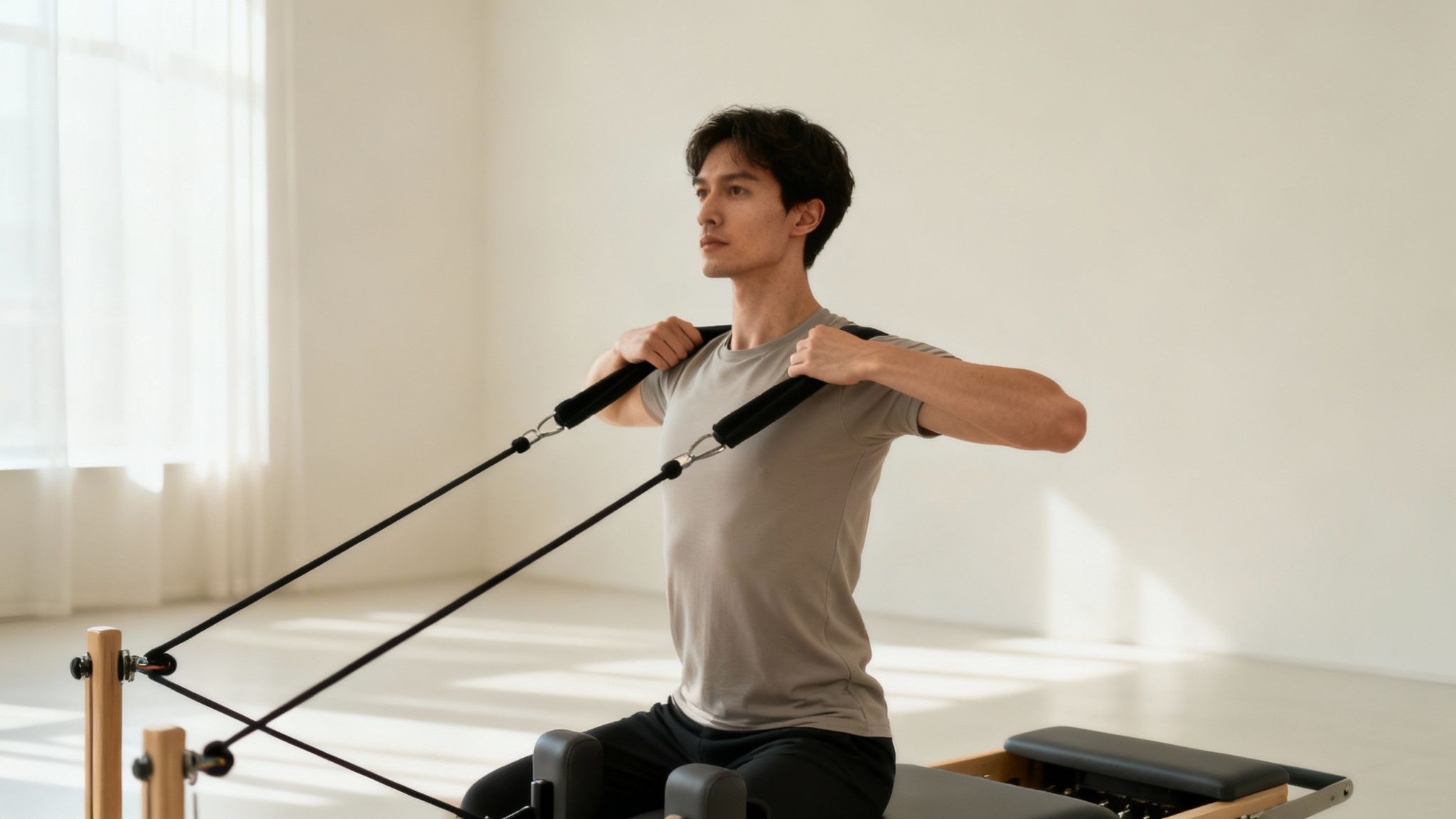 A focused man doing shoulder exercises on a pilates reformer machine in a bright studio.