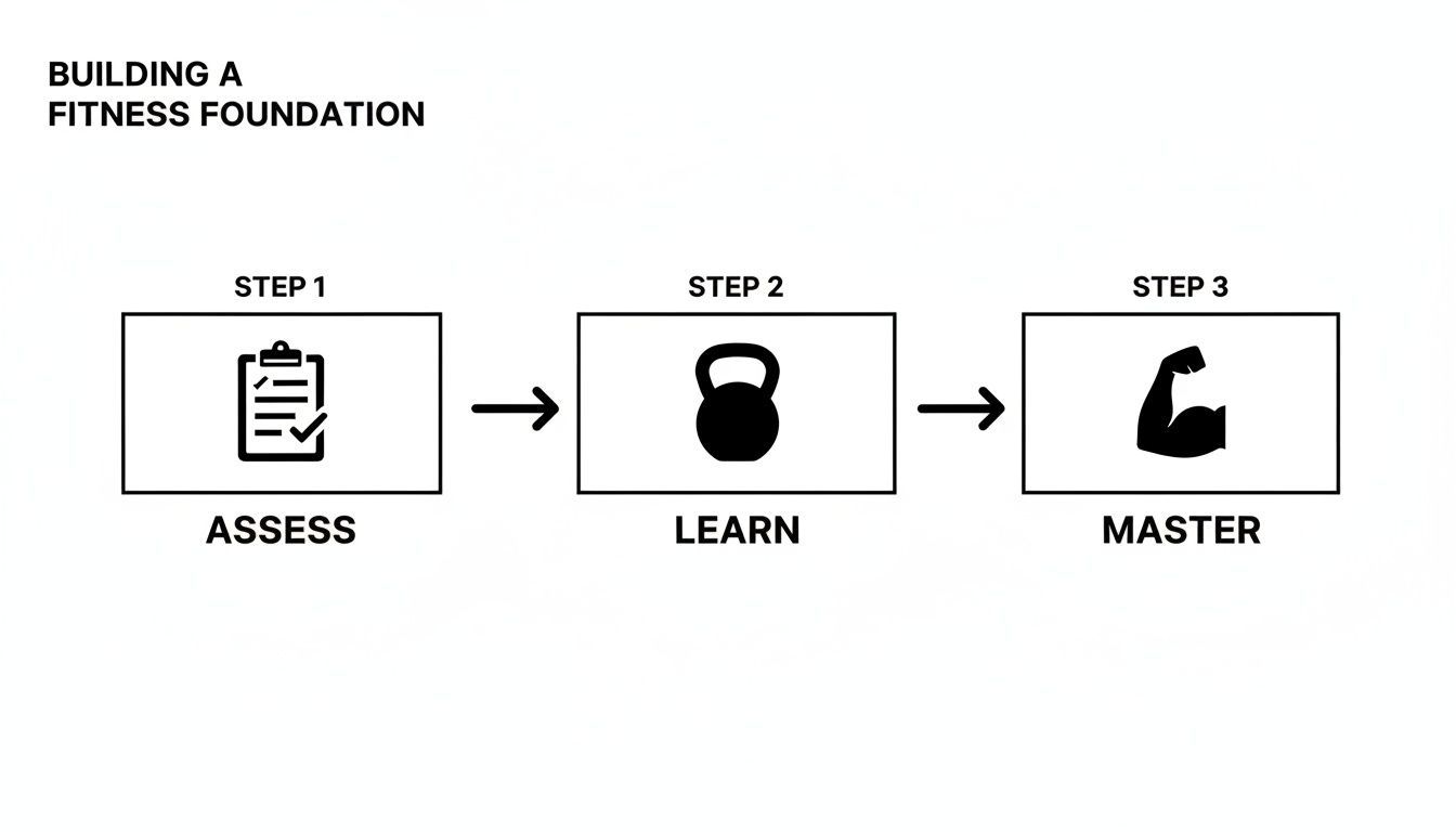 A three-step process for building a fitness foundation: Assess, Learn, and Master with icons.