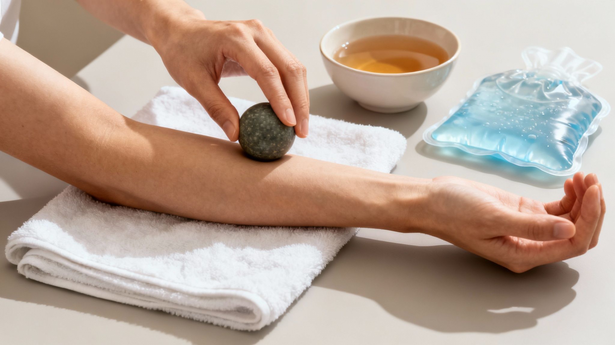 Person massaging their arm with a green stone ball, with a towel, tea, and an ice pack.