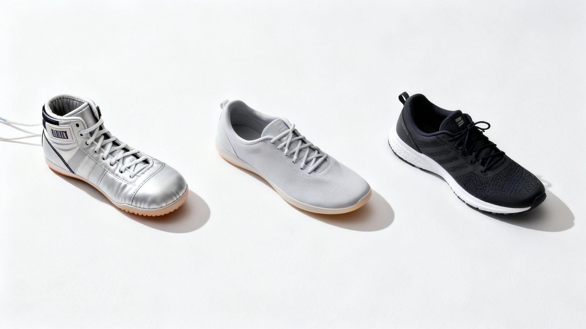 Three athletic shoes: a silver high-top, a light grey minimalist sneaker, and a dark running shoe.