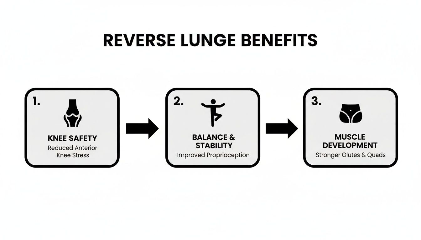 Infographic illustrating the three main benefits of reverse lunges: knee safety, balance, and muscle development.