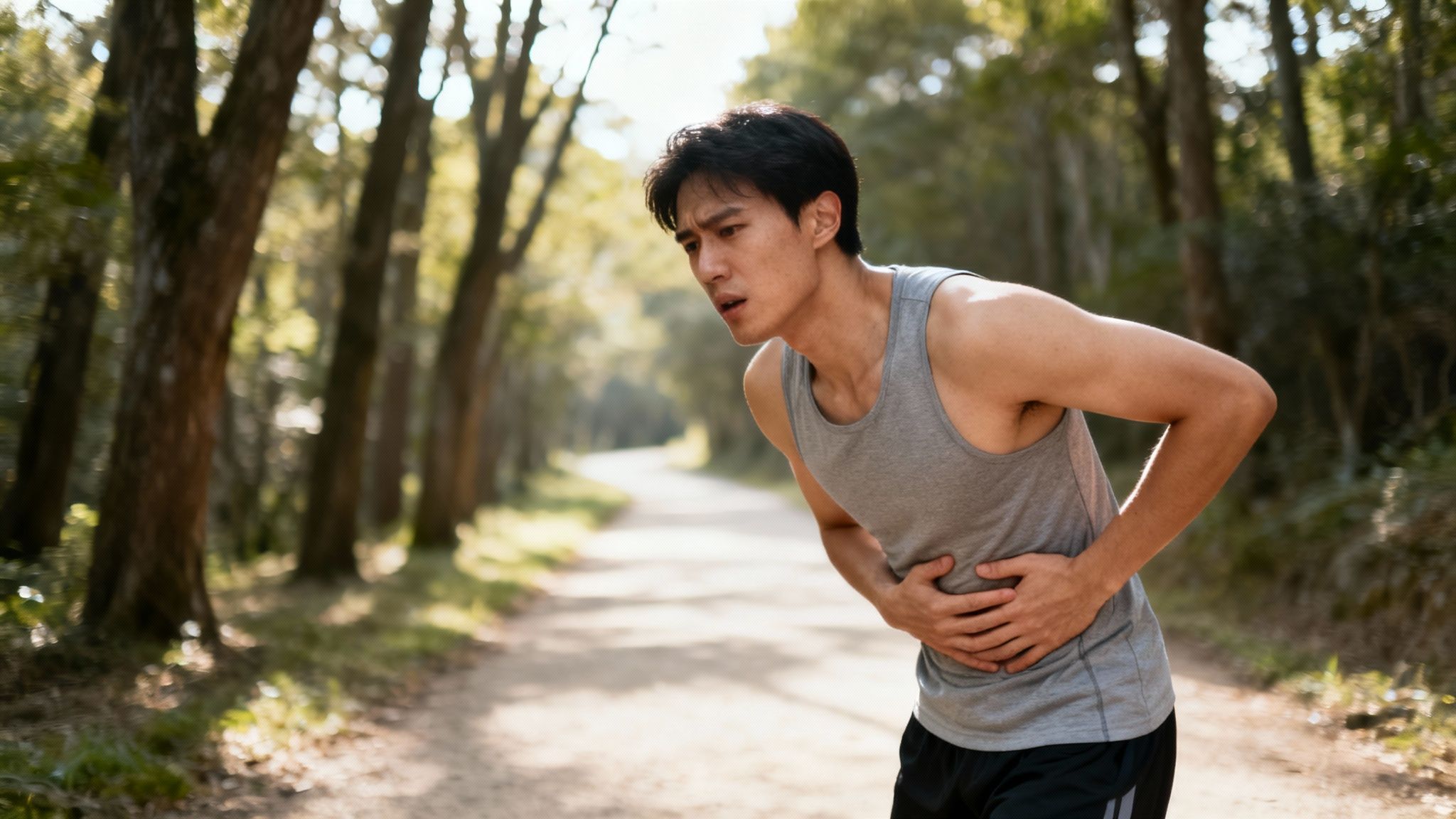 A runner pausing to catch their breath and manage a side stitch.