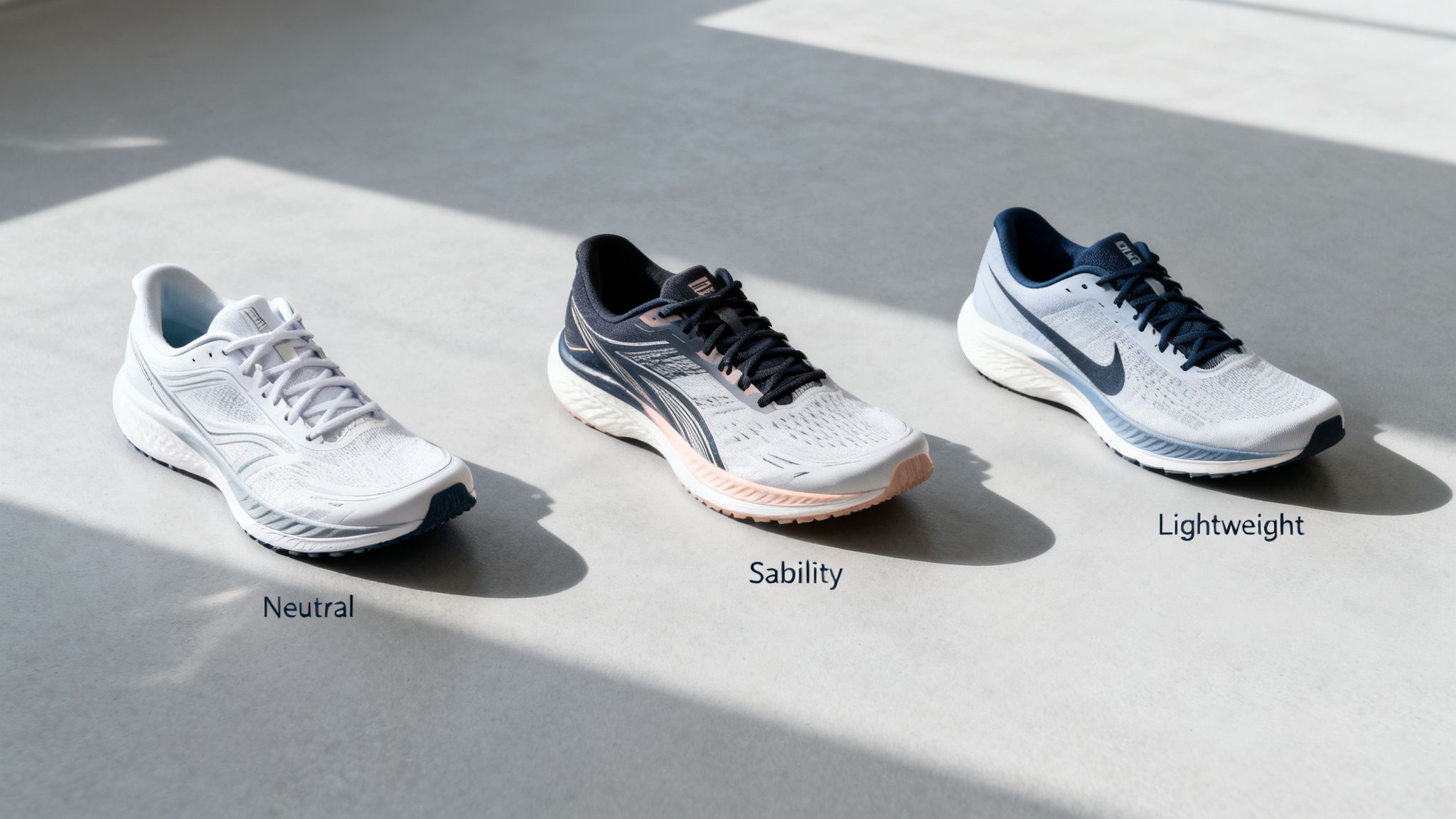 Three running shoes, white neutral, grey stability, and blue lightweight, displayed on a grey surface.