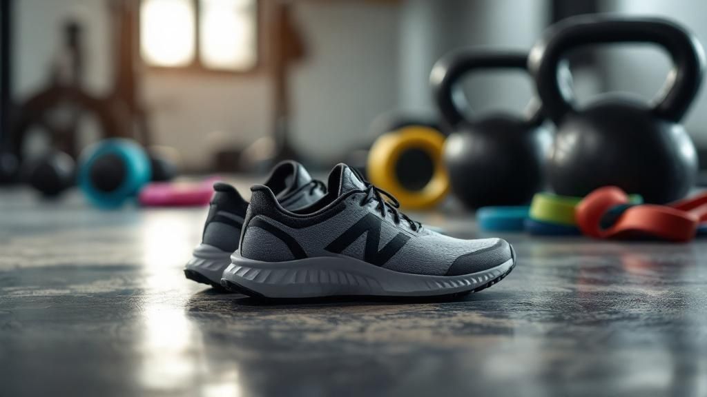 Gray athletic shoes in gym setting, surrounded by kettlebells, resistance bands, and a medicine ball. Bright, focused atmosphere.