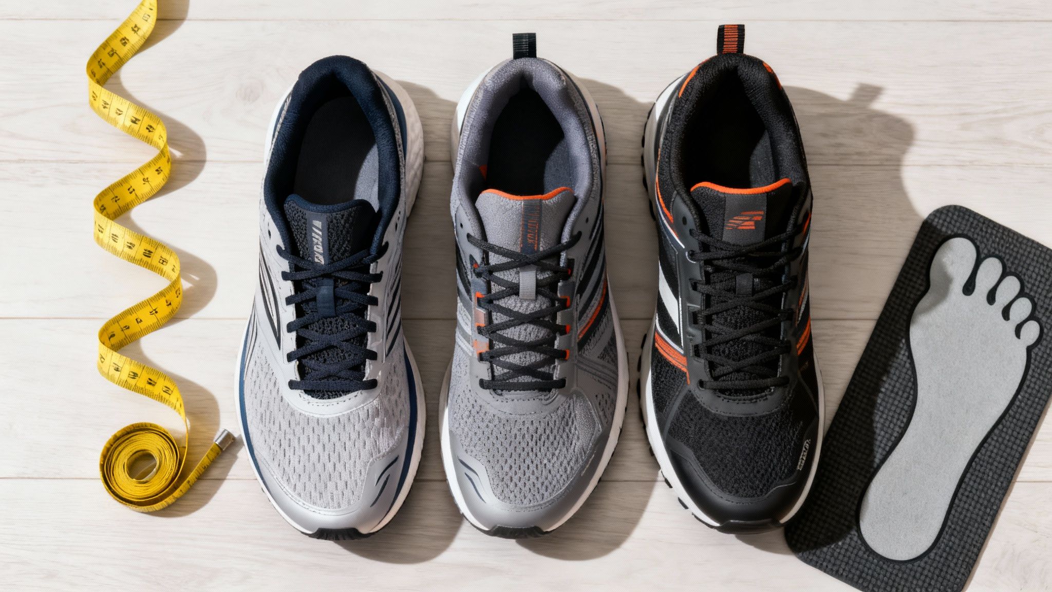 Three types of athletic shoes on a table next to a foot insert and measuring tape