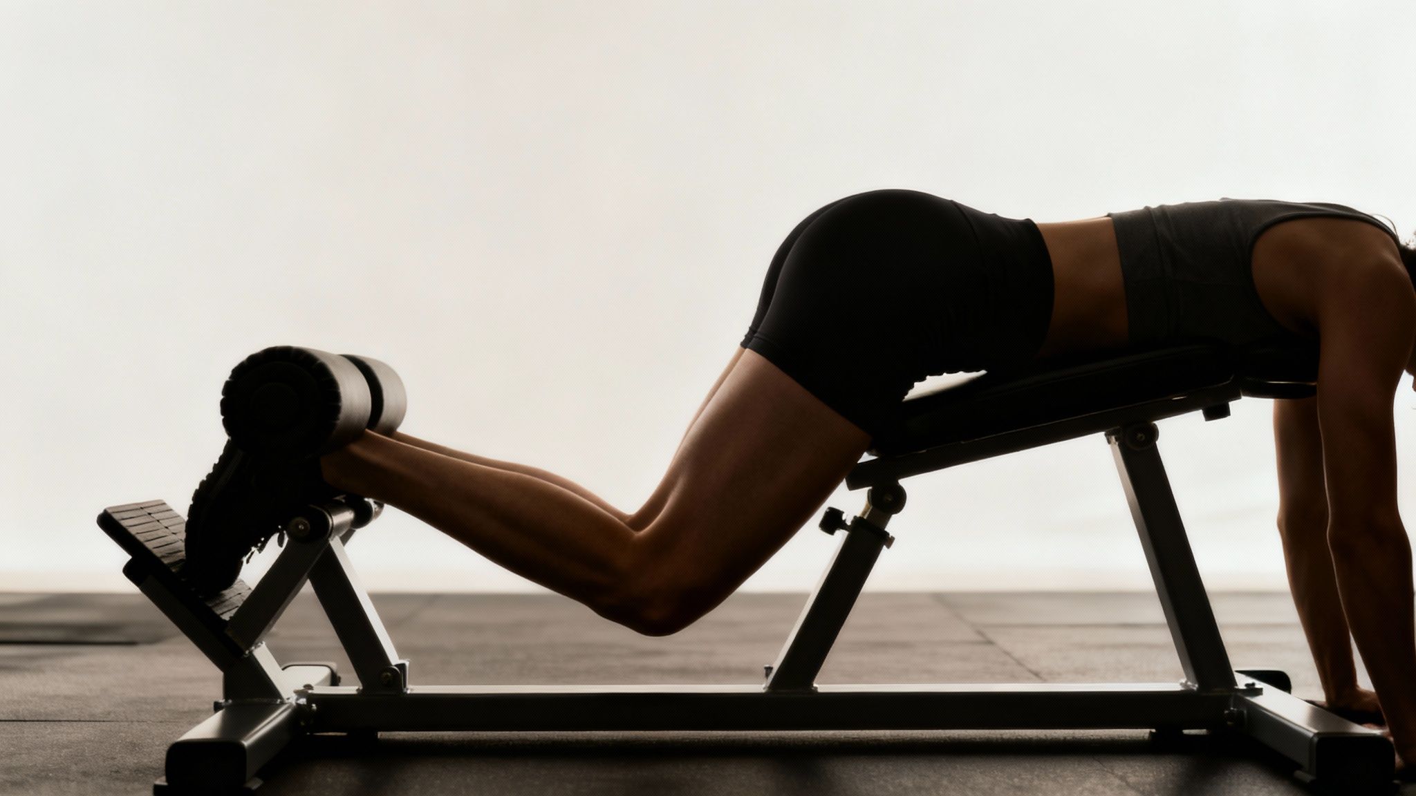 Silhouette of a person performing a hamstring exercise on a gym machine.