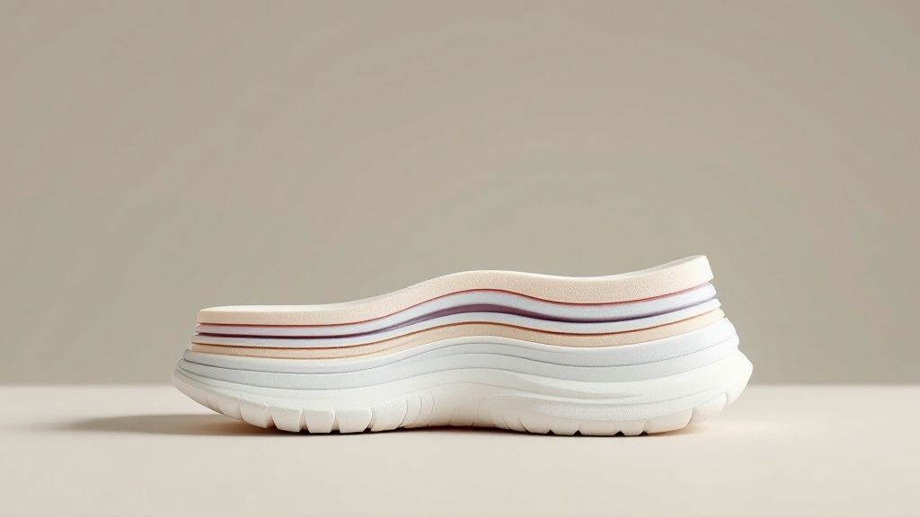 Stacked shoe soles in pastel colors on a beige background. The layered textures and soft hues create a calm, minimalist mood.